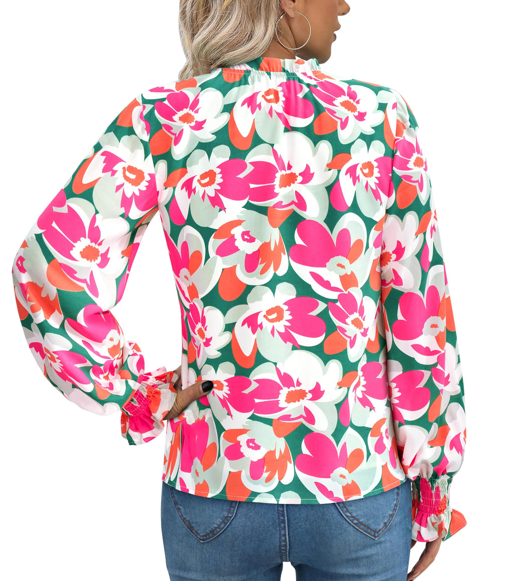 FreshPretty Womens V Neck Floral Long Sleeve Tops Summer Casual Loose Puff Sleeve Chiffon Boho Work Blouse Dressy T Shirts
