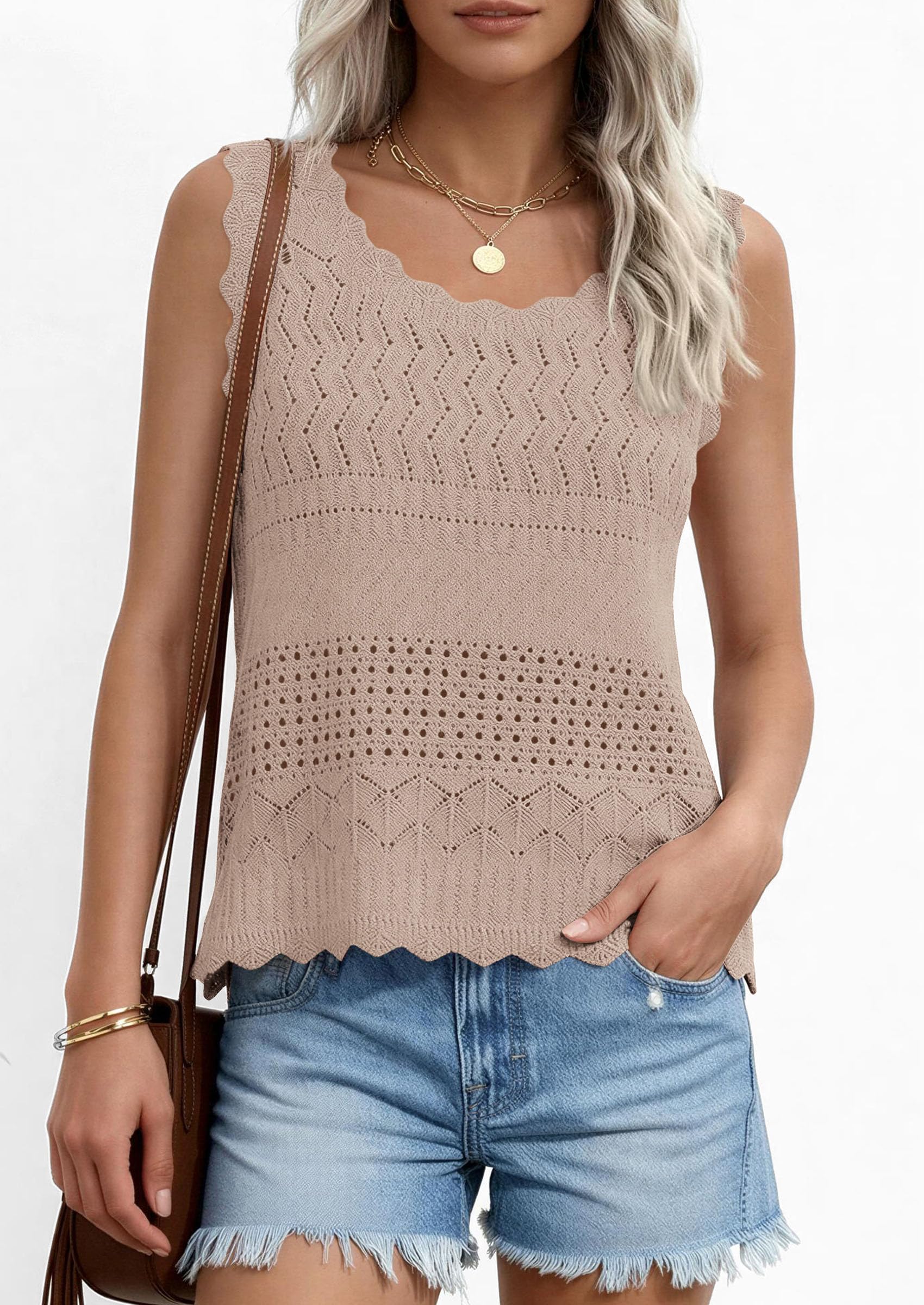 PRETTYGARDEN Womens Crochet Tank Tops Summer Spring Boho Sleeveless Cute Knit Sweater Vest Trendy Beach