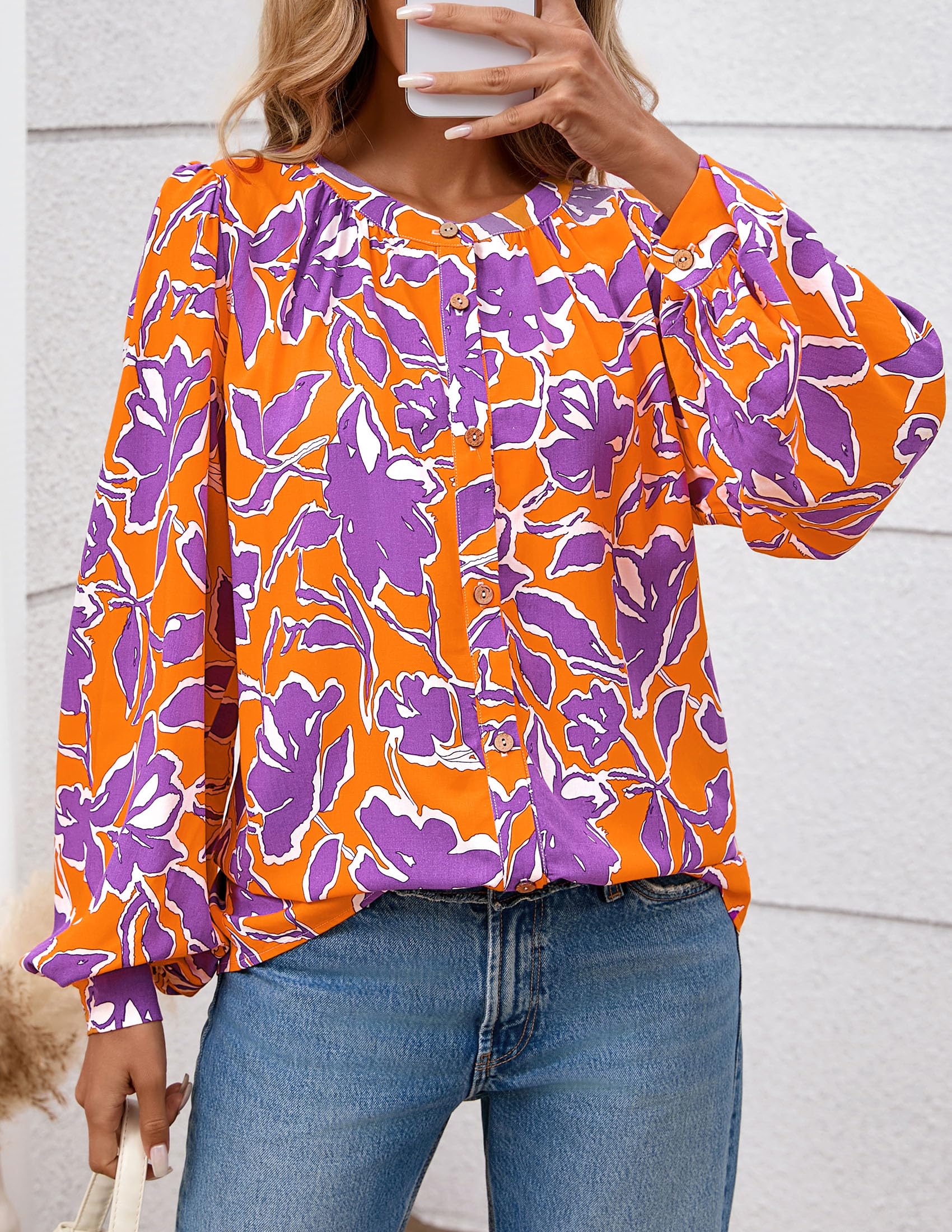 PRETTYGARDEN Women's Floral Button Down Blouse Fall Fashion Dressy Casual Long Sleeve Oversized Shirts Top Boho Clothes