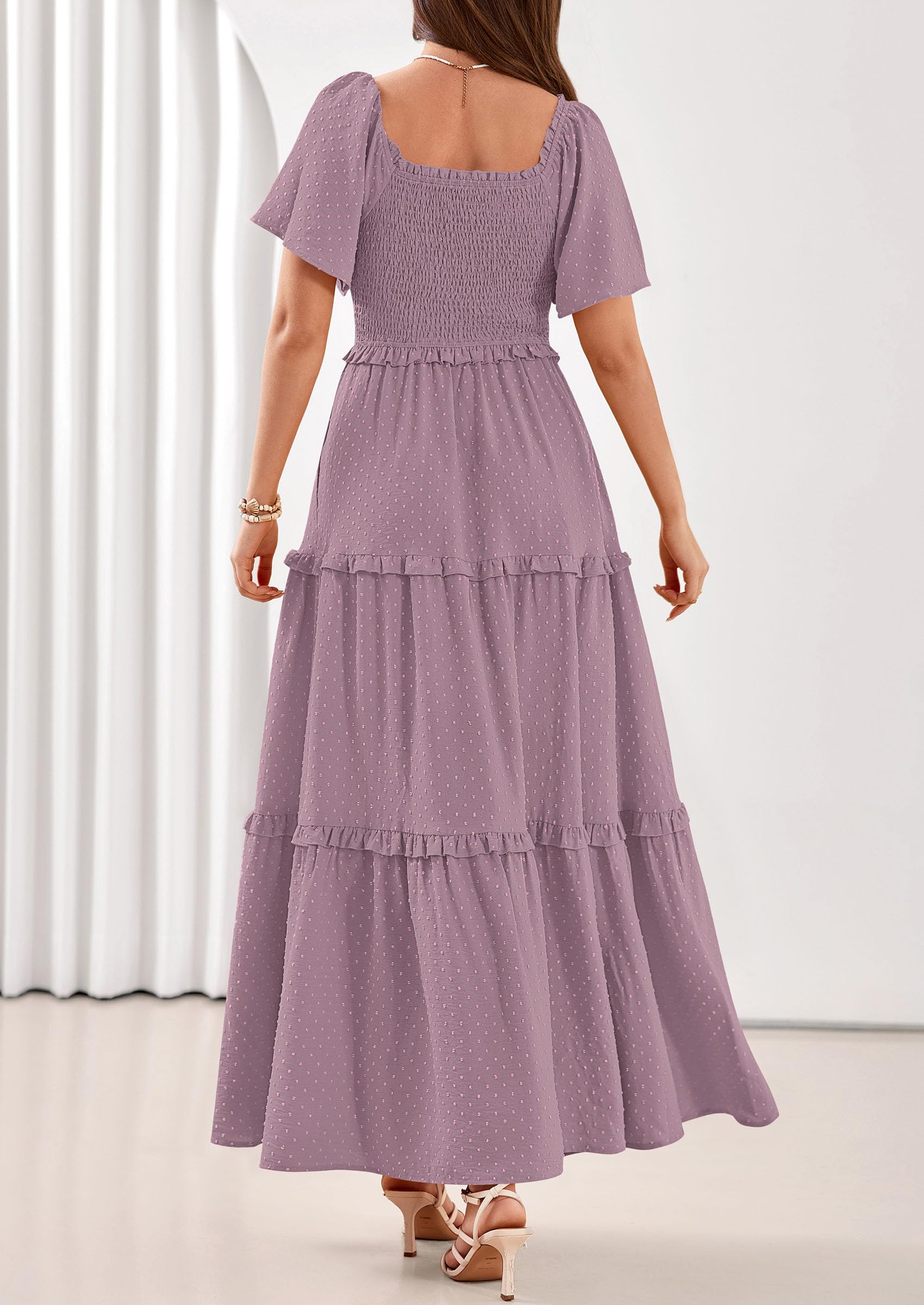 PRETTYGARDEN Summer Dresses for Women Boho Swiss Dot Smocked Square Neck Short Sleeve Spring Wedding Guest Maxi Dress