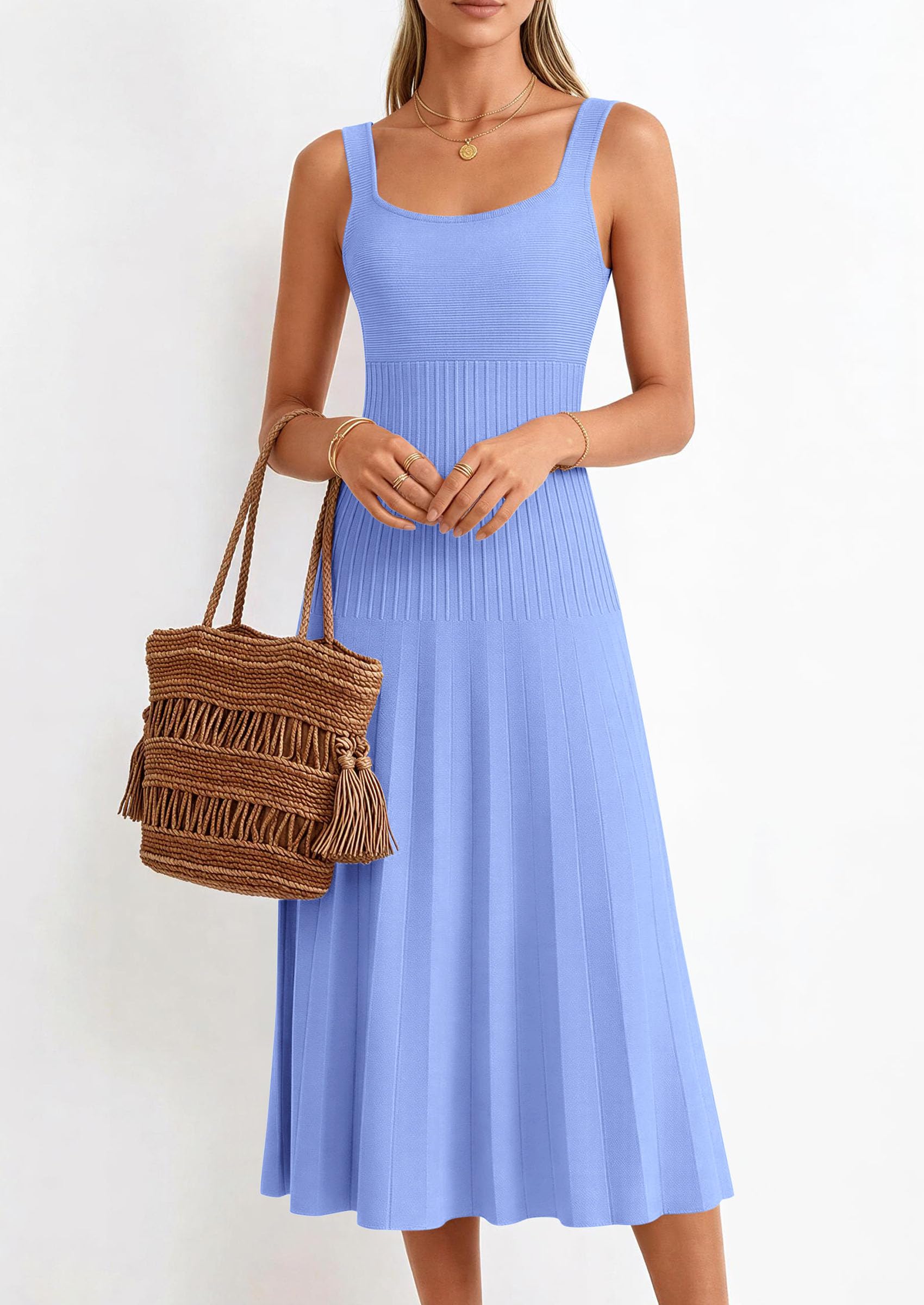 PRETTYGARDEN Spring Dresses for Women Summer Casual Sleeveless Square Neck A Line Knit Pleated Midi Cocktail Party Dress