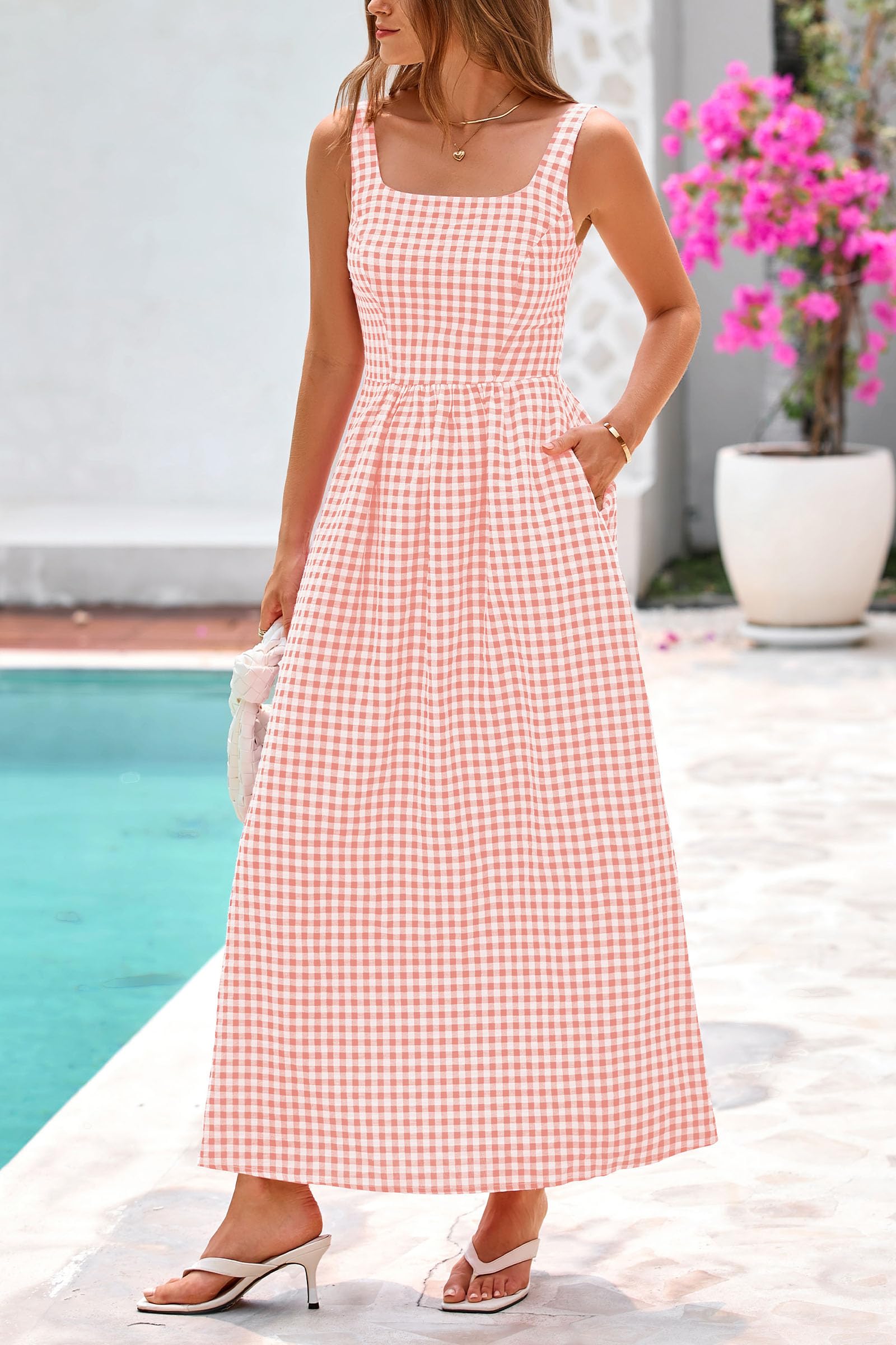 PRETTYGARDEN Women's Summer Spaghetti Strap Maxi Dresses Plaid Square Neck A Line Casual Beach Vacation Long Sundress