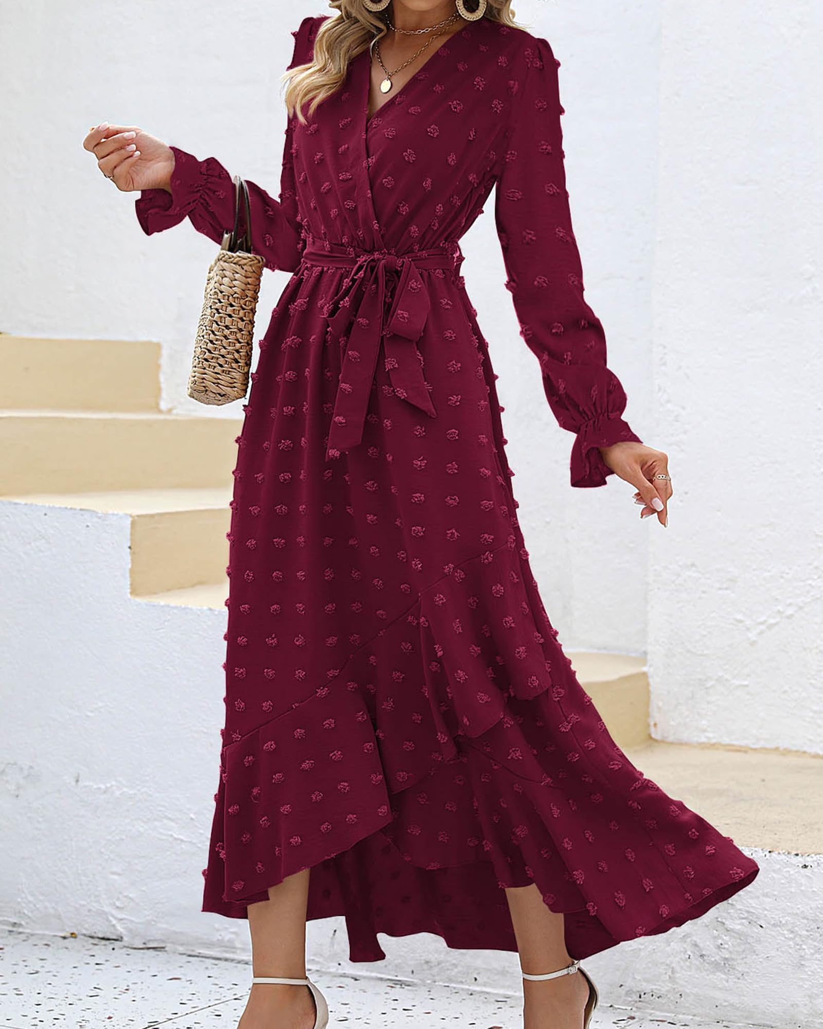 FreshPretty Long Sleeve Maxi Dresses for Women V Neck Swiss Dot Boho Flowy Slit Cocktail Wedding Guest Dress Fall Clothes