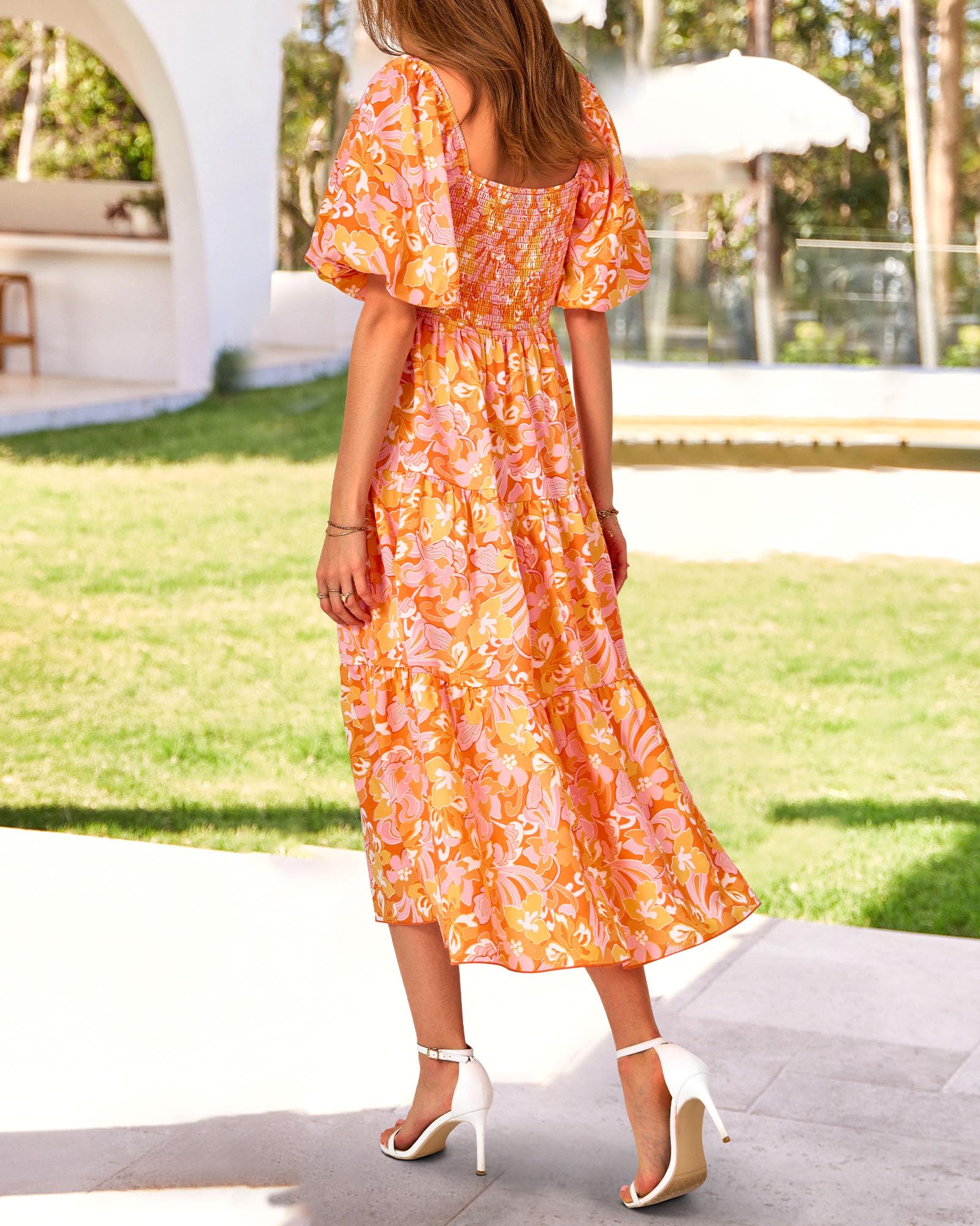 FreshPretty Women Summer Dresses Casual Flowy Beach Square Neck Puff Short Sleeve Smocked Back Boho Floral Long Maxi Dress