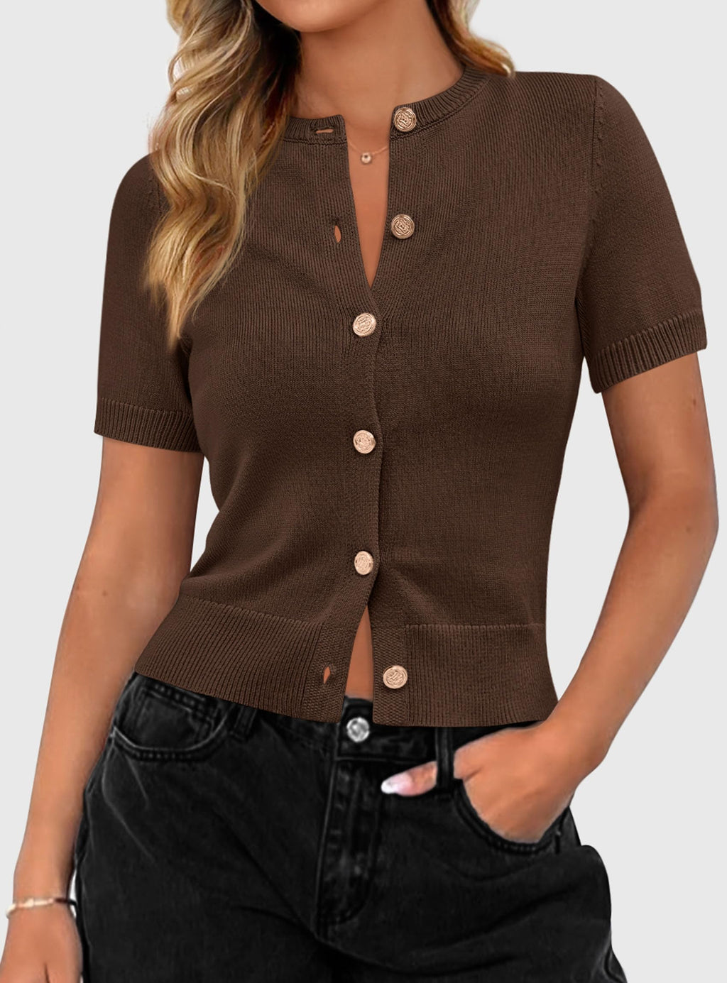 PRETTYGARDEN Womens Casual Summer Short Sleeve Cardigans Button Down Knitted Sweater Basic Crew Neck Crop Tops