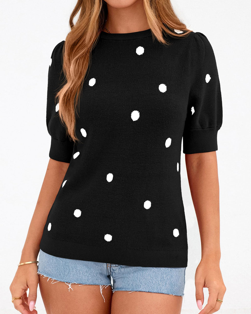 BTFBM Womens Sweaters Polka Dot Short Sleeve Sweater for Women Crew Neck Knit Summer Tops Business Dressy Casual Blouses