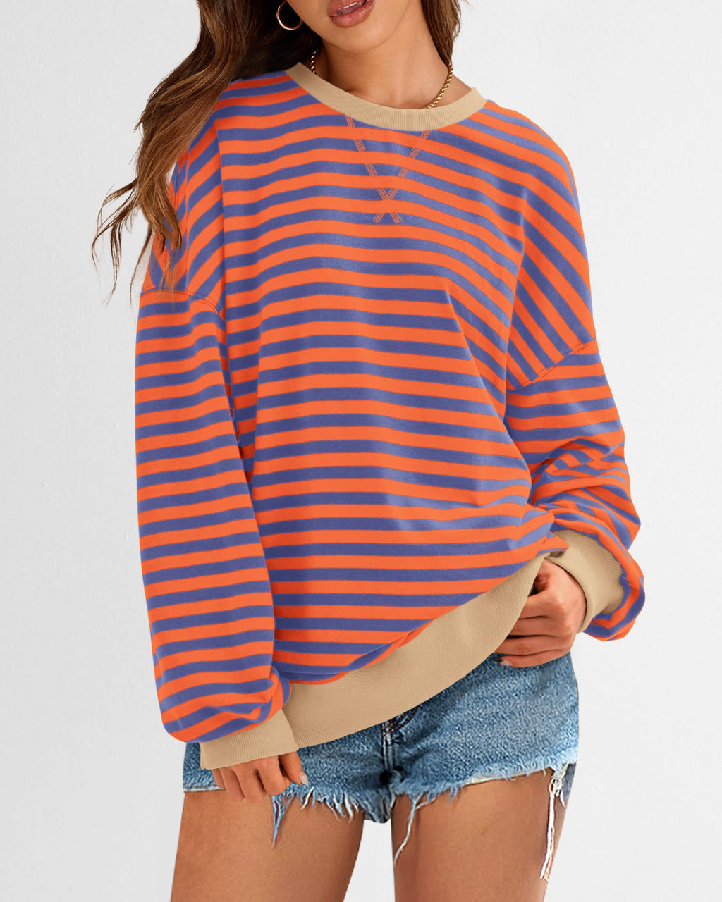 BTFBM Sweatshirt For Women Summer Crewneck Long Sleeve Oversized Striped Pullover Tops Y2K Clothes Workout Shirt