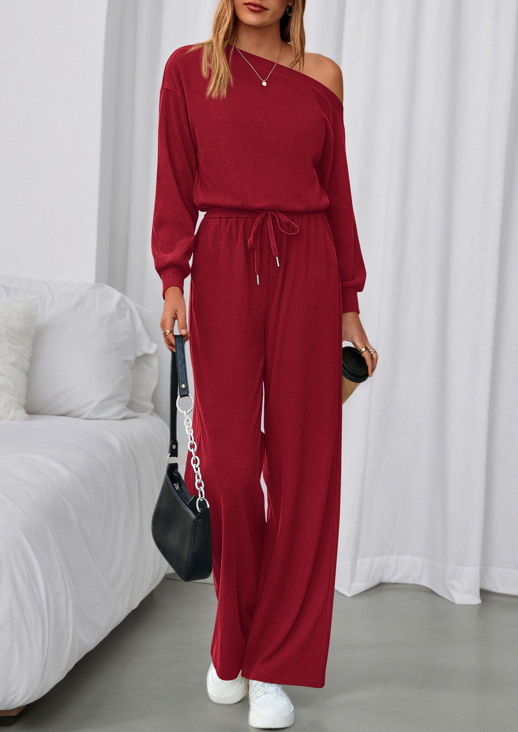 PRETTYGARDEN Long Sleeve Jumpsuit For Women Dressy Off Shoulder One Piece Loose Wide Leg Jumpsuits Casual Flowy Romper