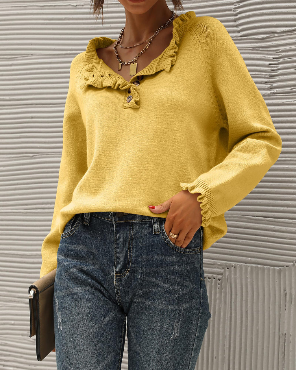 FreshPretty Womens Sweaters Fall Winter Clothes Long Sleeve Button Down Ruffle Crew Neck Casual Knitted Pullover Tops