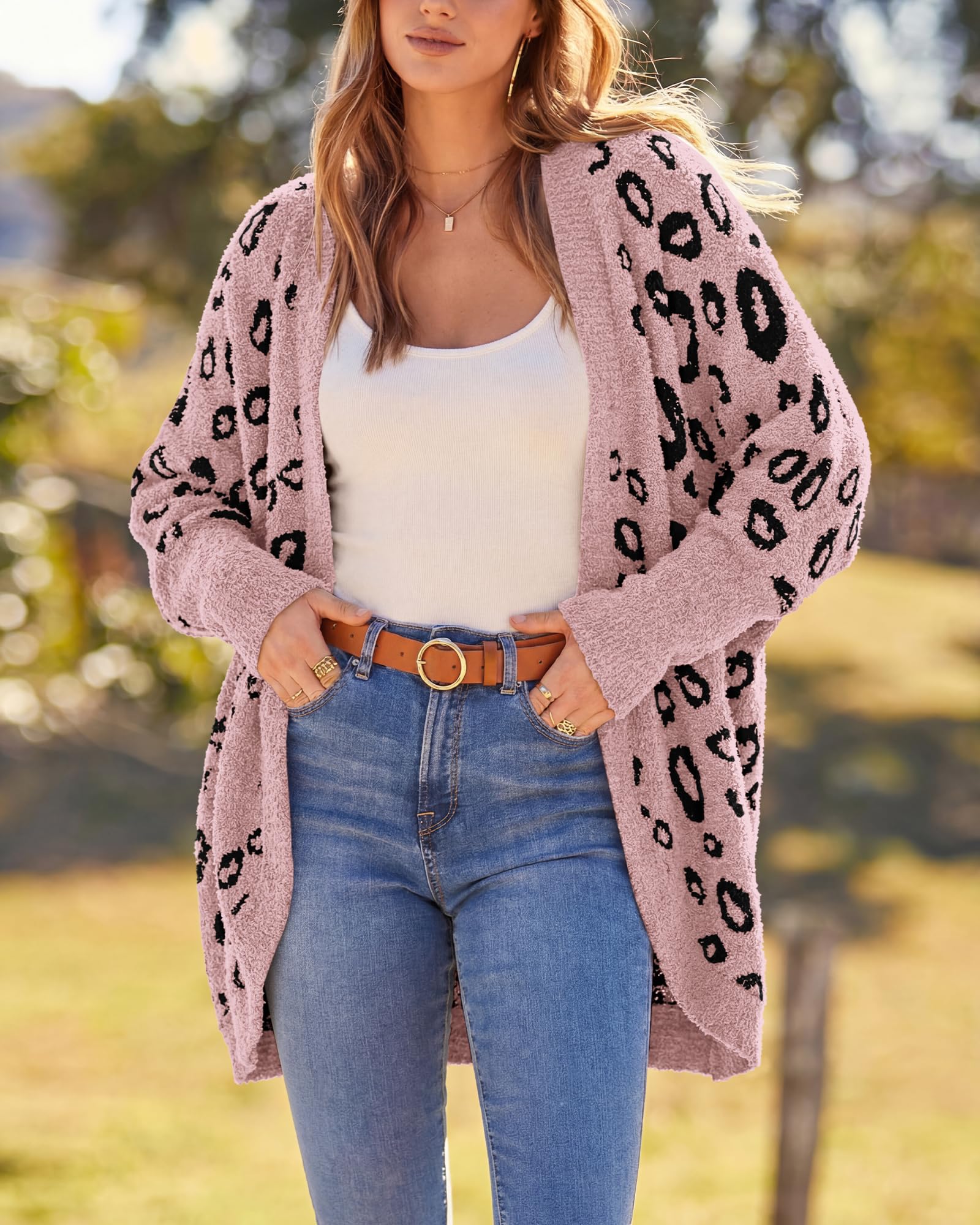 BTFBM Leopard Cardigan for Women Long Sleeve Open Front Cardigans Sweaters Pockets Loose Knit Fall Spring Outwear