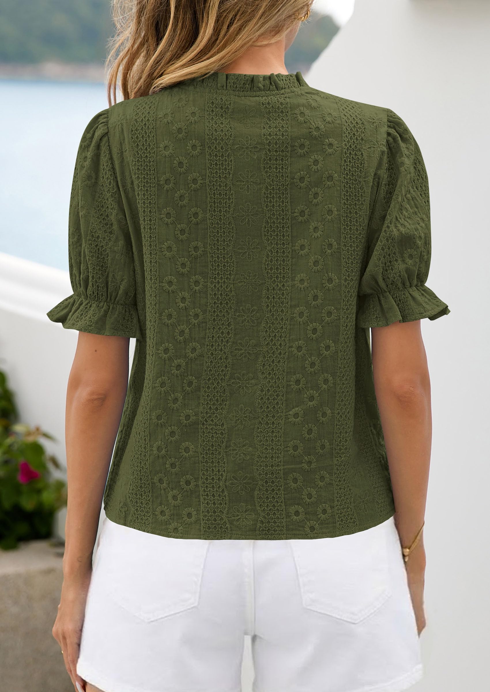PRETTYGARDEN Womens Puff Short Sleeve Tops  Summer Spring Button Down Boho Embroidered Cute Blouse Dressy Casual Shirts