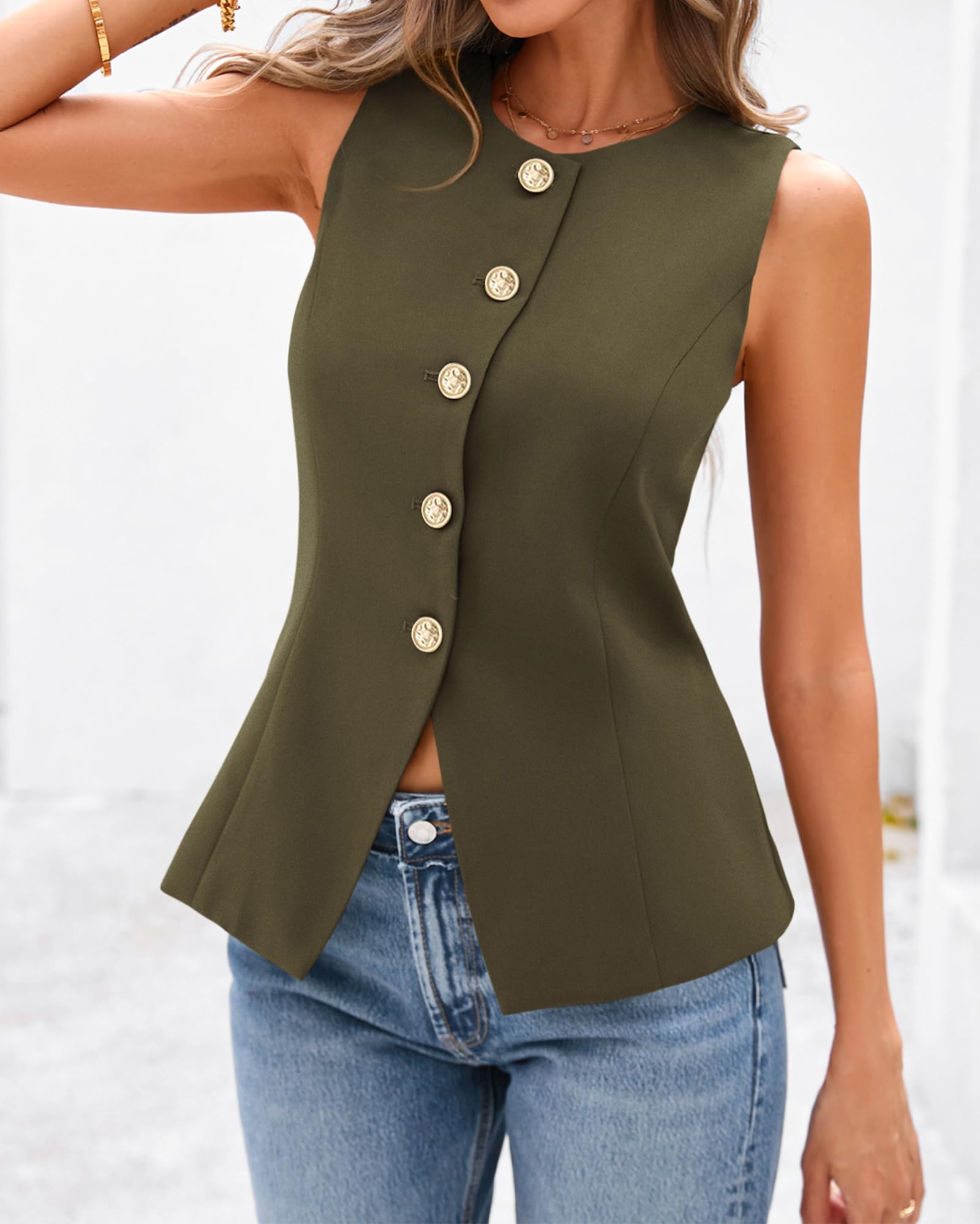 BTFBM Summer Sleeveless Blazer Vest For Women Dressy Button Down Round Neck Business Casual Outfits Work Suit Vests Tops