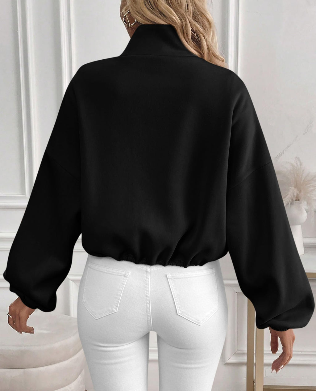 PRETTYGARDEN Womens Zip Up Fleece Cropped Sweatshirt Jacket Oversized Loose Soft Stand Collar with Drawstring Hem, Long Sleeve Casual Coat With Pockets, Fall Outfits Winter Clothing