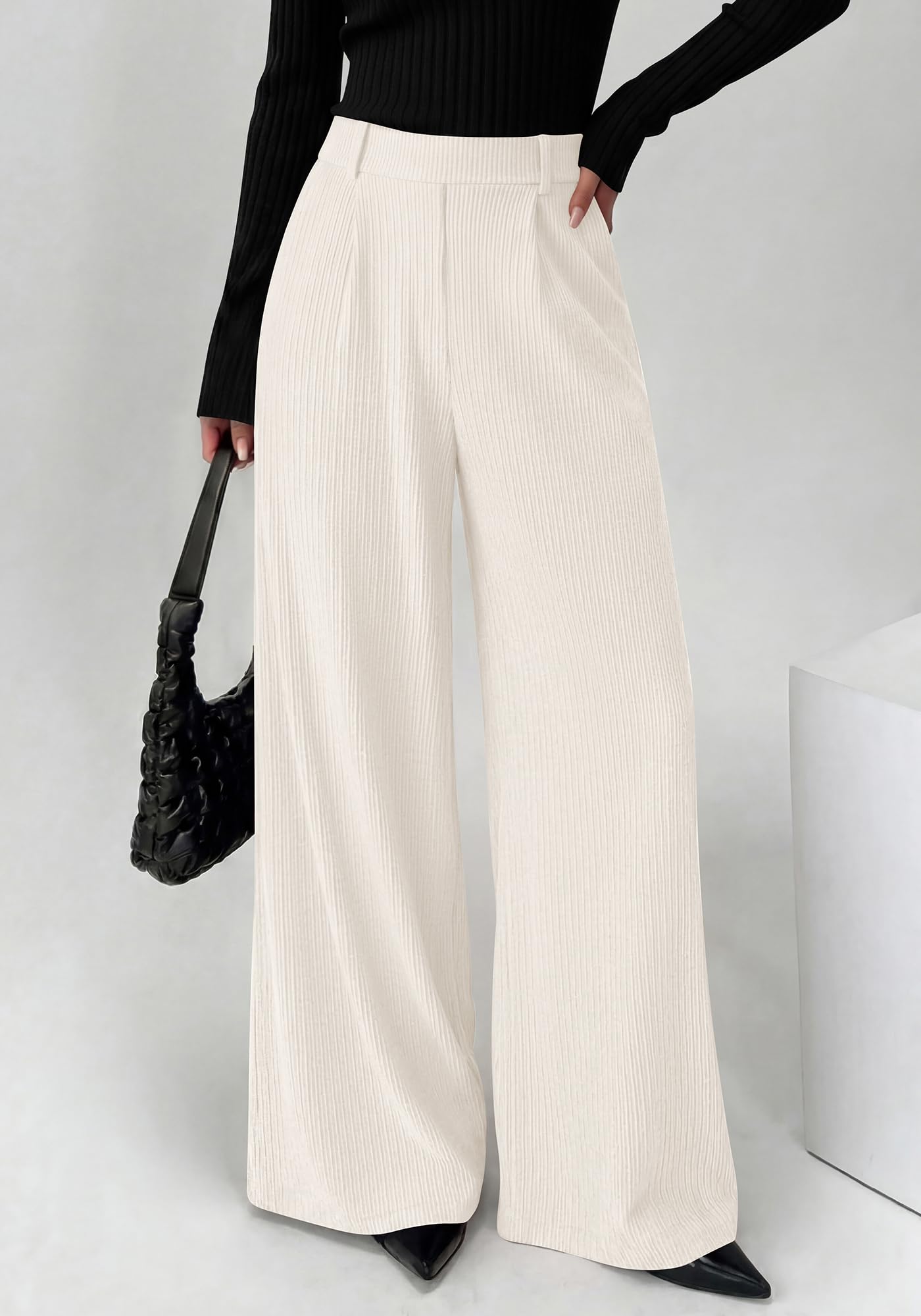 BTFBM Wide Leg Pants for Women Dressy Work Business Casual Elastic High Waisted Trousers Ribbed Lounge Palazzo Pants