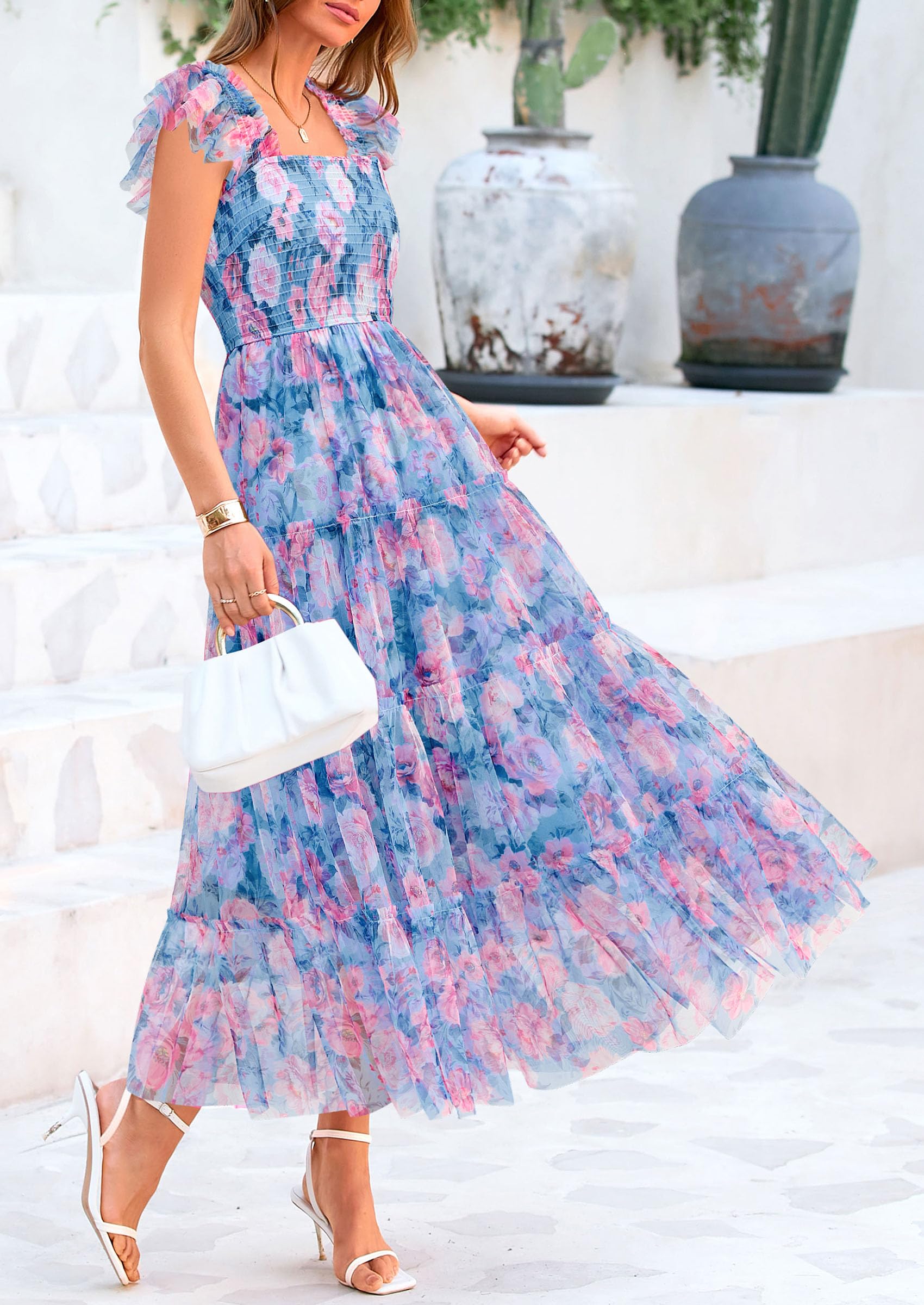PRETTYGARDEN Women's Summer Tulle Midi Dress Sleeveless Smocked Ruffle Flowy Mesh Dresses Party Wedding Guest Sundress
