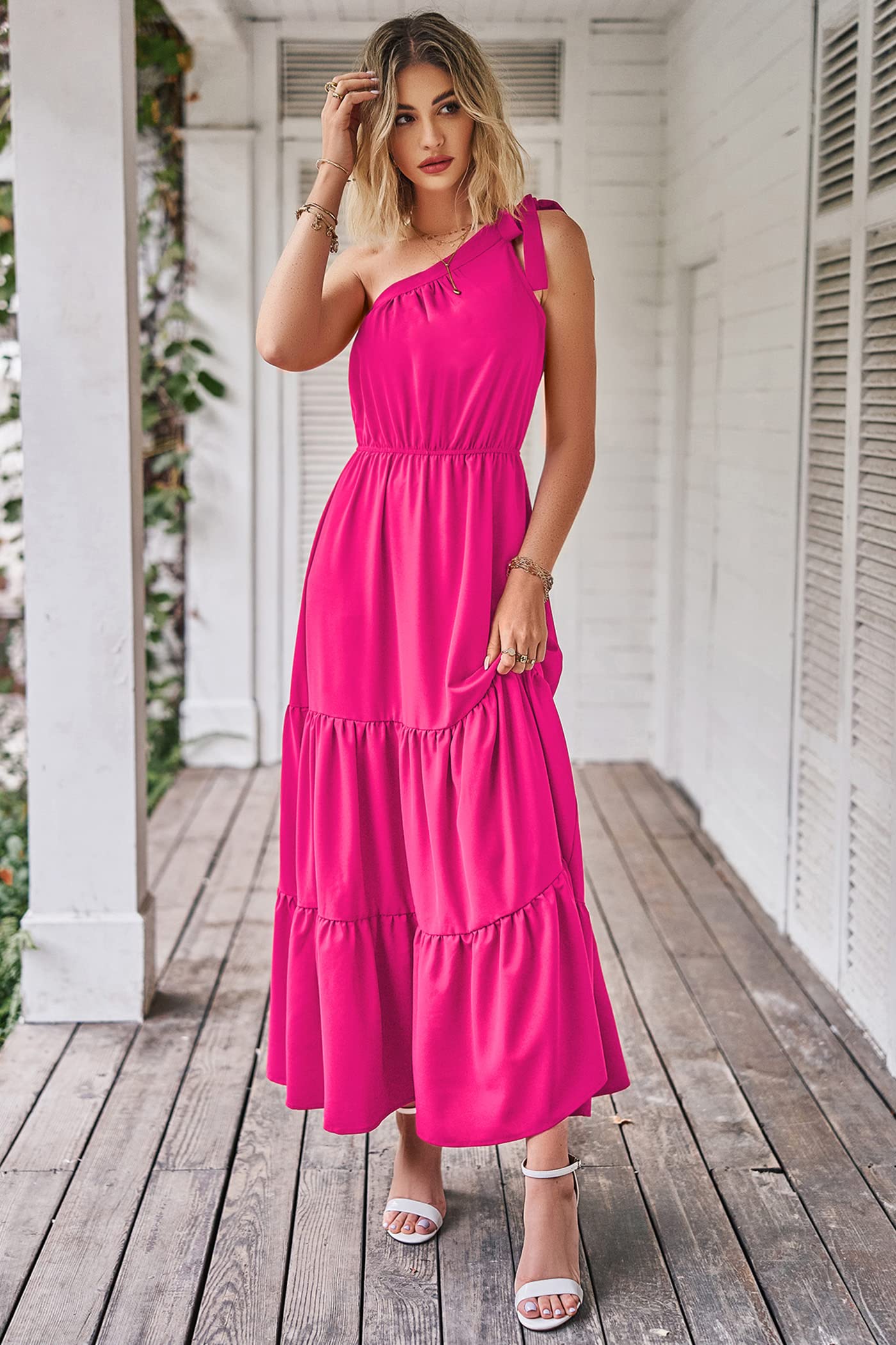 PRETTYGARDEN Women's Summer Floral One Shoulder Maxi Dress Knot Ruffle Boho Beach Vacation Wedding Guest Long Sun Dresses
