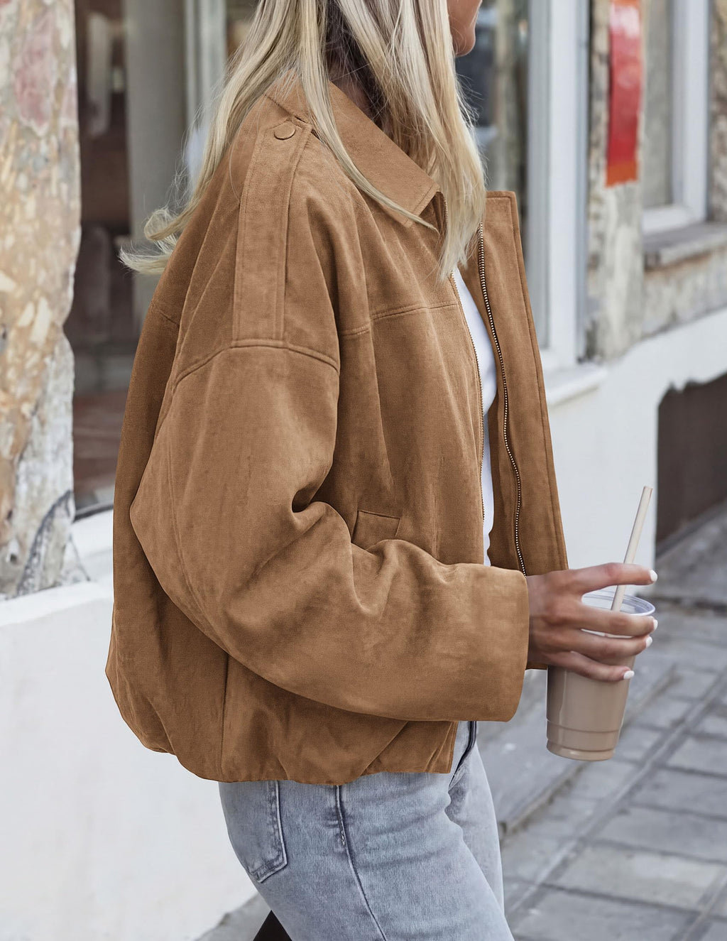 PRETTYGARDEN Women's Faux Suede Cropped Bomber Jacket | Long Sleeve Zip Up Casual Going Out Jackets Coat, Oversized Loose Fit Western Outfits, Trendy Outerwear, Fall Clothes
