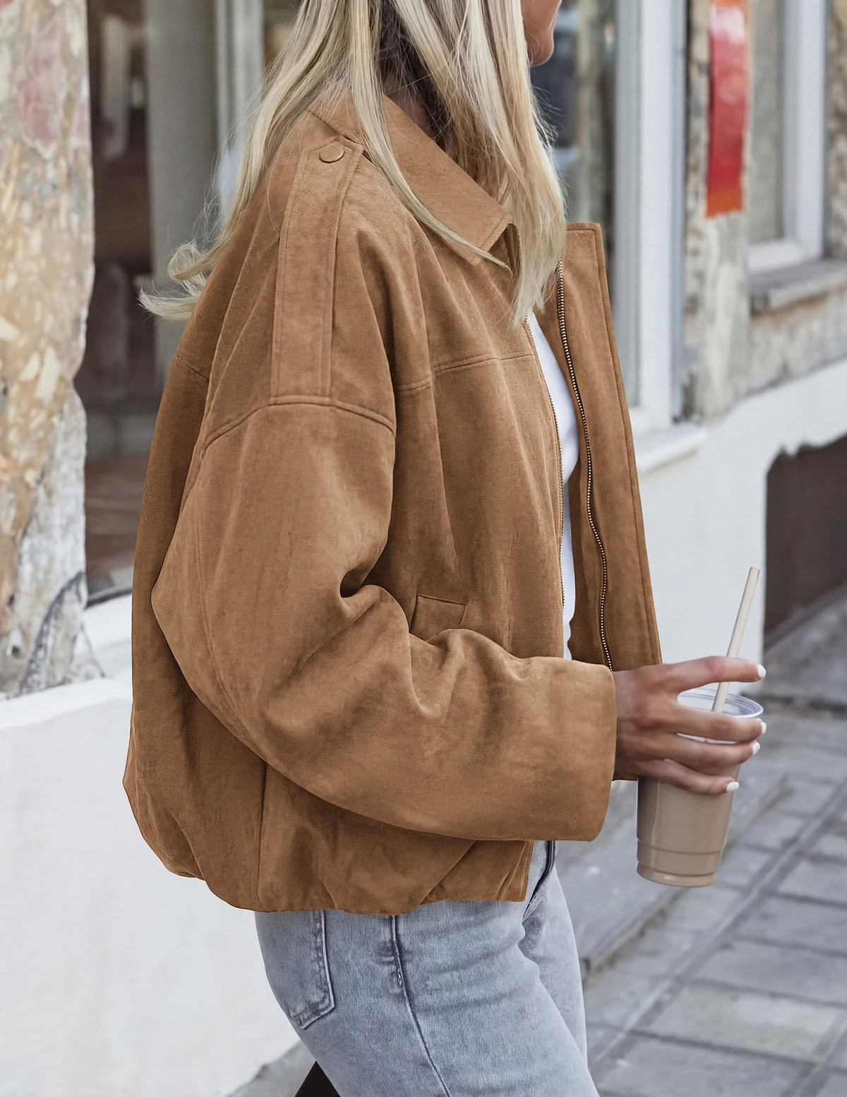 PRETTYGARDEN Women's Faux Suede Cropped Bomber Jacket | Long Sleeve Zip Up Casual Going Out Jackets Coat, Oversized Loose Fit Western Outfits, Trendy Outerwear, Fall Clothes