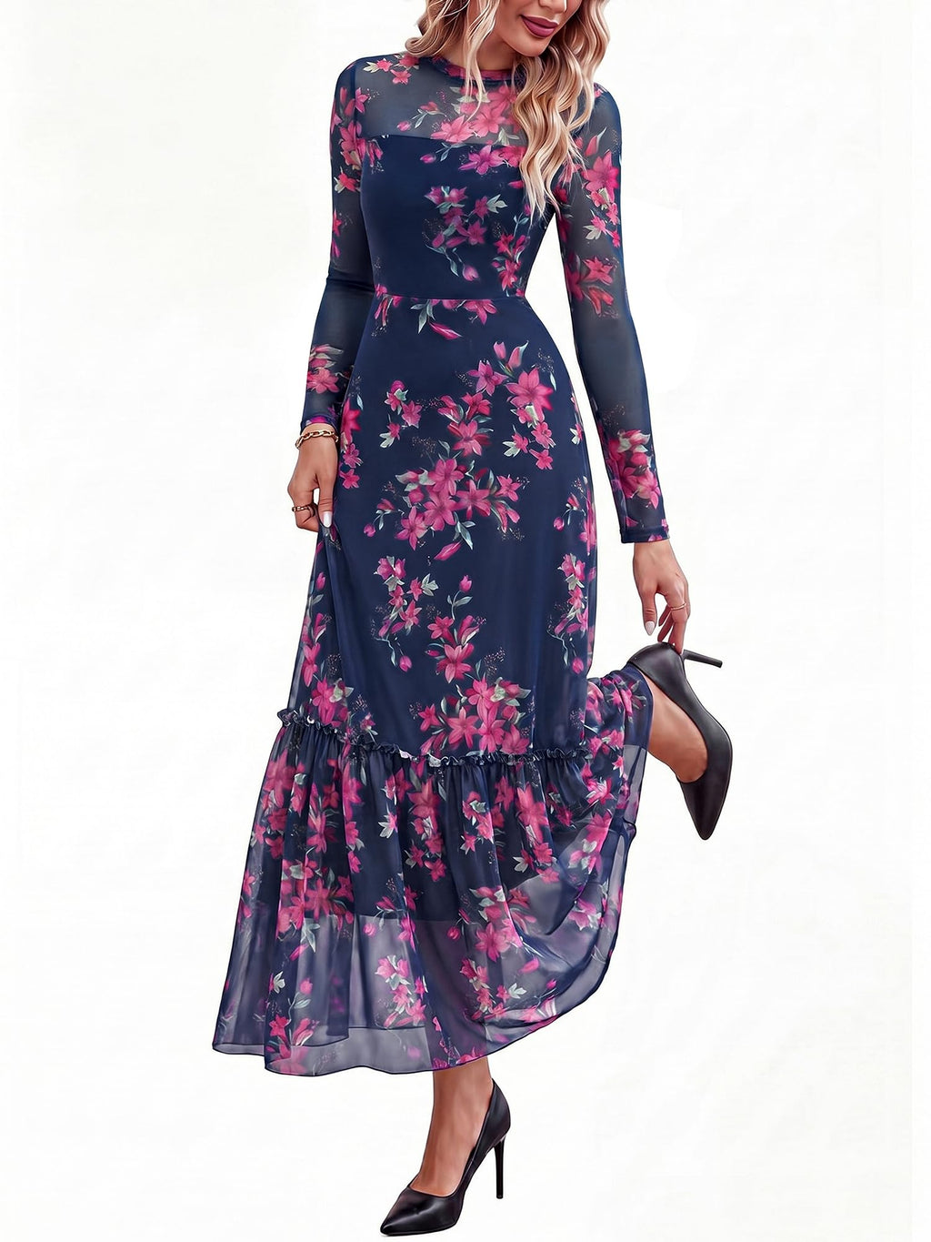 BTFBM Boho Mesh Long Sleeve Dress for Women | Mock Neck, Floral, A Line, Tiered, Graduation, Wedding, Cocktail Maxi Dresses, Fall Fashion, Resort Wear