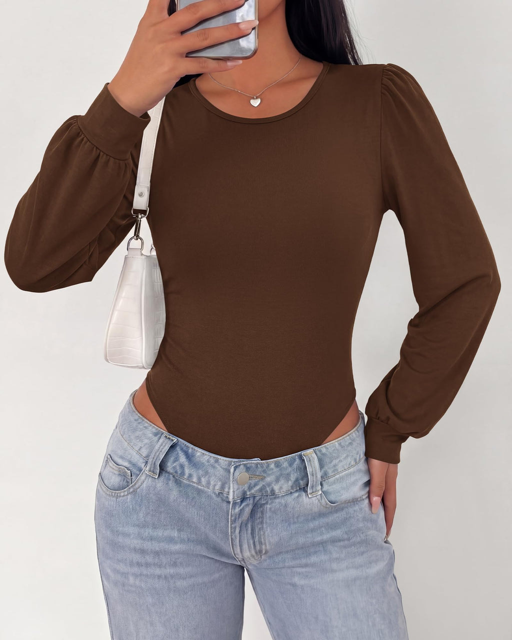 BTFBM Long Puff Sleeve Bodysuits for Women | Crew Neck 2 Snap Crotch Thong Shapewear,Stretchy Knit Leotards,Casual Y2K Going Out Tops,Winter Layer,Fall Fashion Clothing