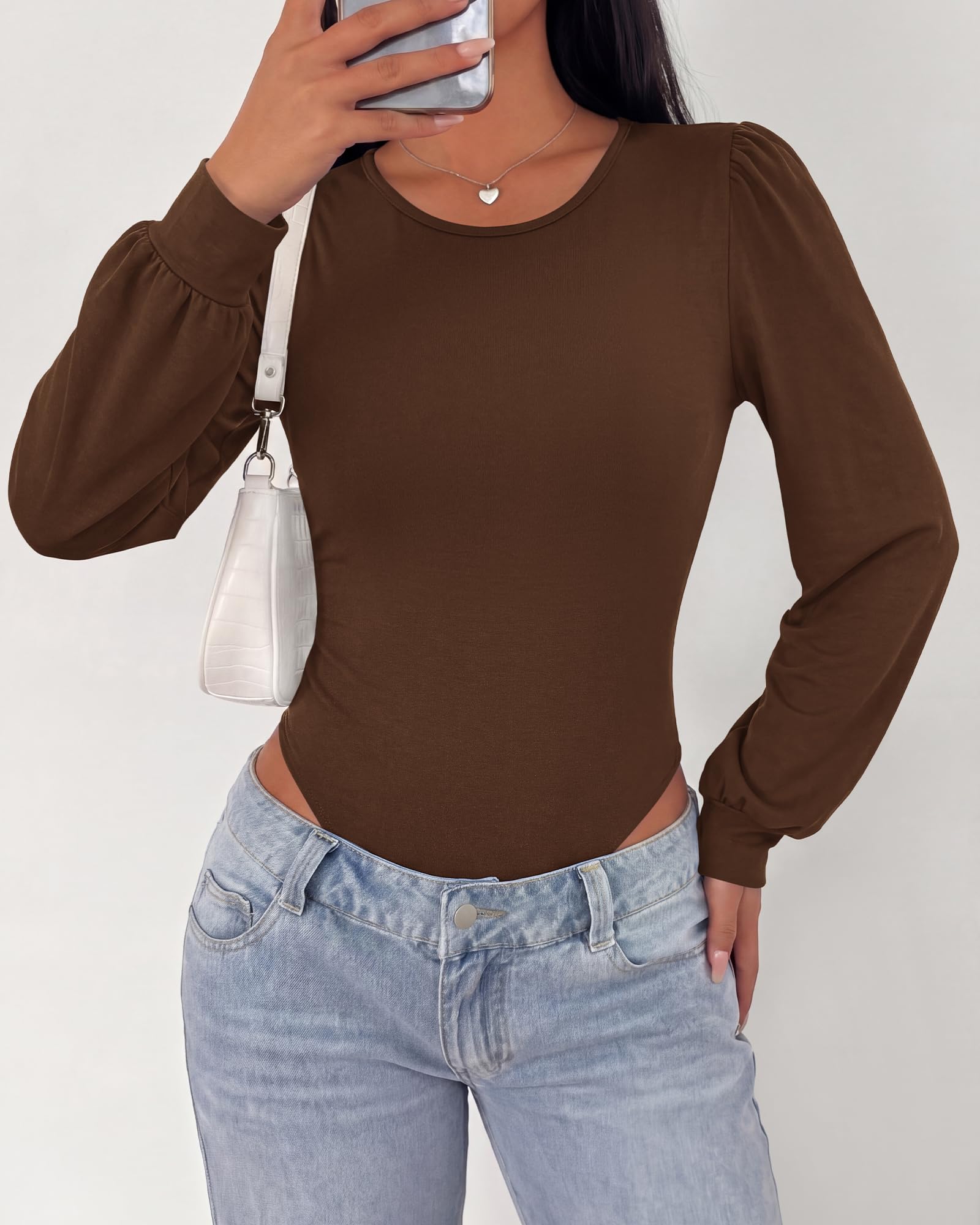 BTFBM Long Puff Sleeve Bodysuits for Women | Crew Neck 2 Snap Crotch Thong Shapewear,Stretchy Knit Leotards,Casual Y2K Going Out Tops,Winter Layer,Fall Fashion Clothing