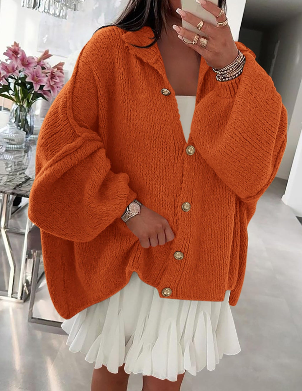 PRETTYGARDEN Women's Winter Button Down Cardigan Sweaters Mock Neck Lantern Long Sleeve Chunky Knit Jacket Trendy Outerwear