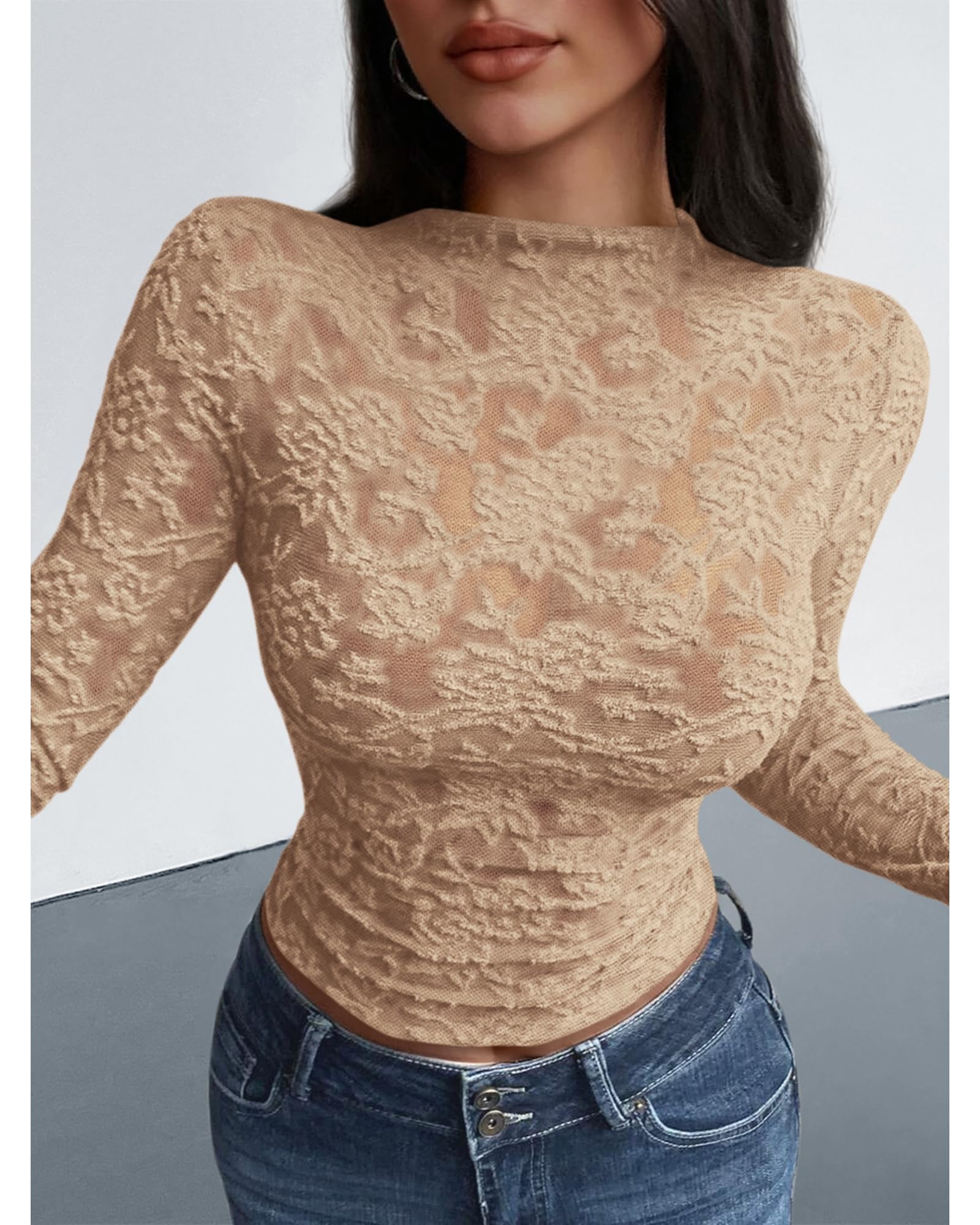 BTFBM Mesh Long Sleeve Tops for Women Lace Sheer Tight See Through Crew Neck Spring Fall Party Club Outfits