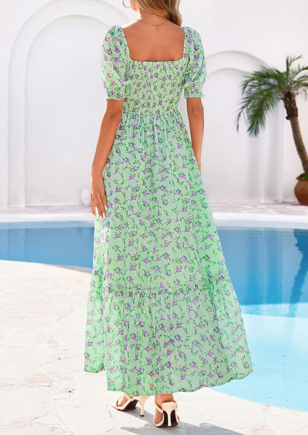 PRETTYGARDEN Women's Floral Boho Maxi Dresses Flowy Short Sleeve A Line Smocked Eyelet Summer Beach Vacation Clothes