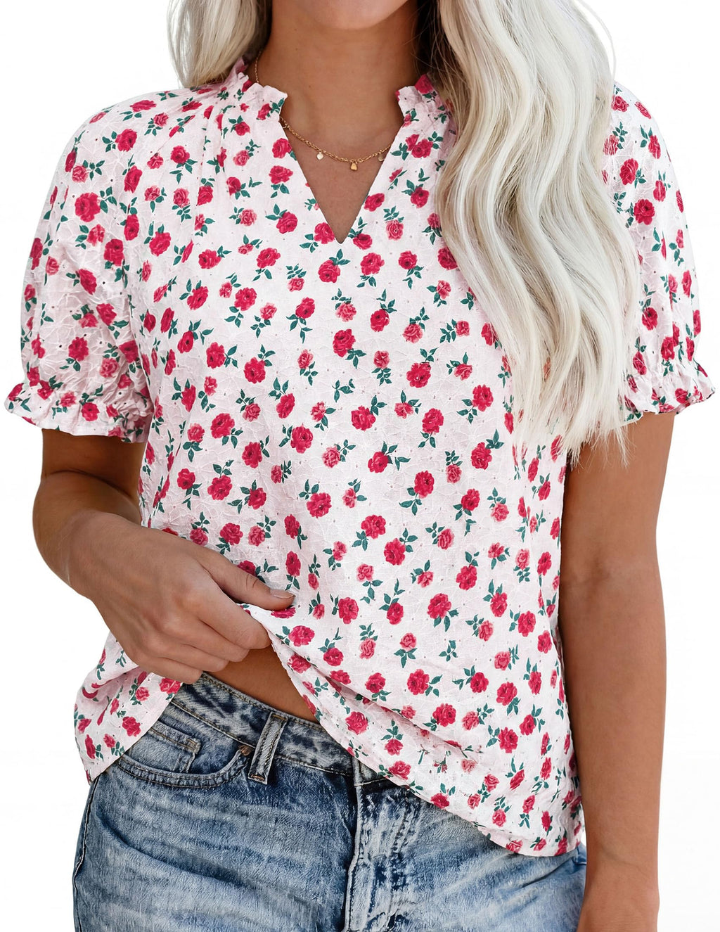 PRETTYGARDEN Summer Short Sleeve V Neck Shirts for Women Trendy Floral Print Loose Ruffle Tops Business Casual Blouses