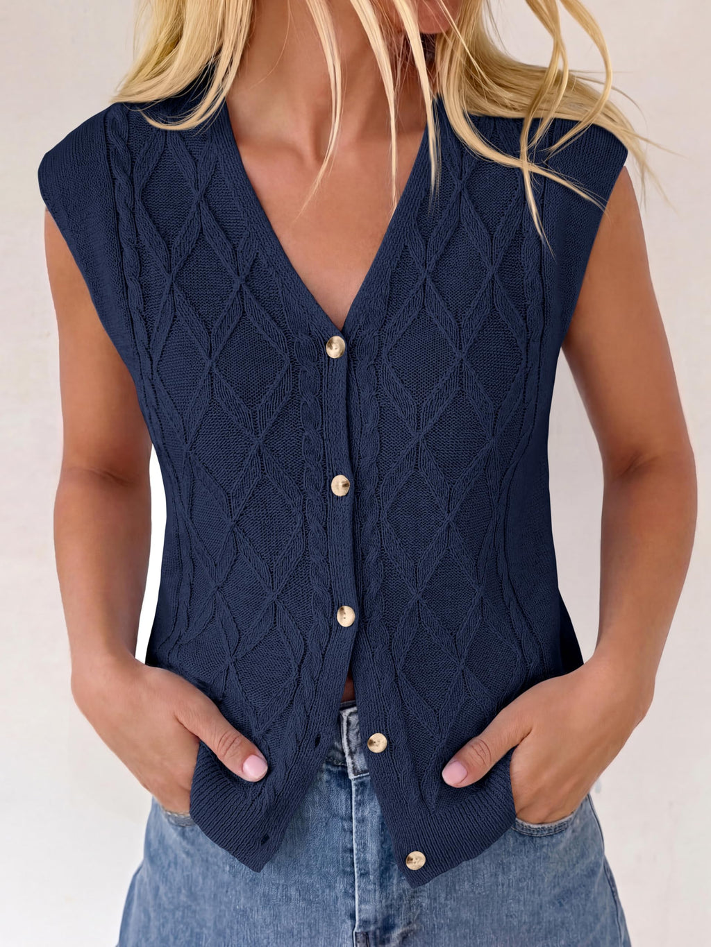 BTFBM Vest Tops for Women Summer V Neck Button Loose Lightweight Cardigan Knit Cap Sleeve Sweater Vests Fashion Clothing