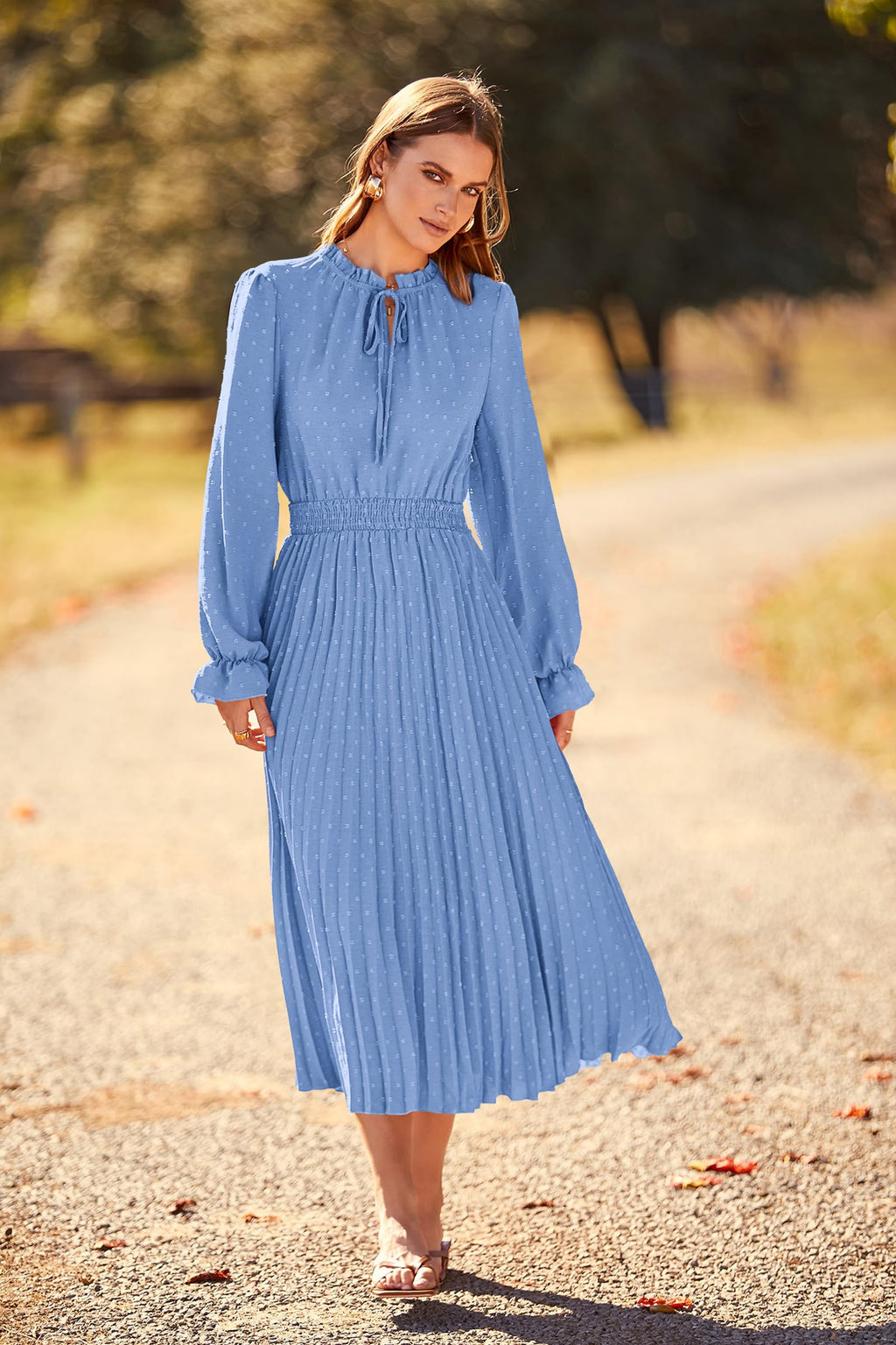 PRETTYGARDEN Women's Spring Fall Midi Dress Casual Long Sleeve V Neck Swiss Dot Pleated A Line Flowy Dresses