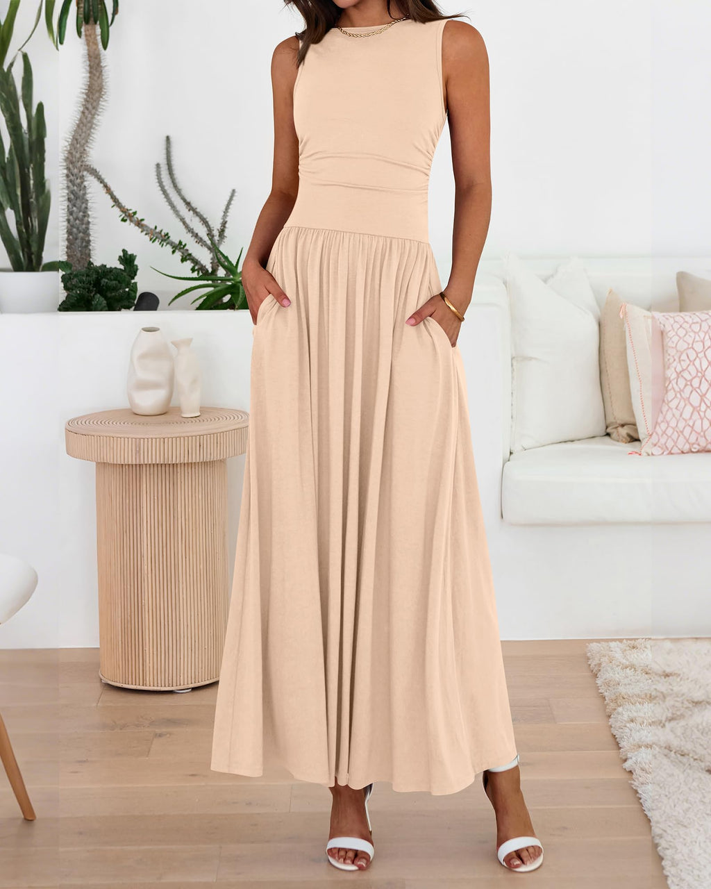 BTFBM Summer Maxi Dresses for Women Spring Sleeveless Casual Ruched High Waisted Long Sundress Flowy Beach Dress