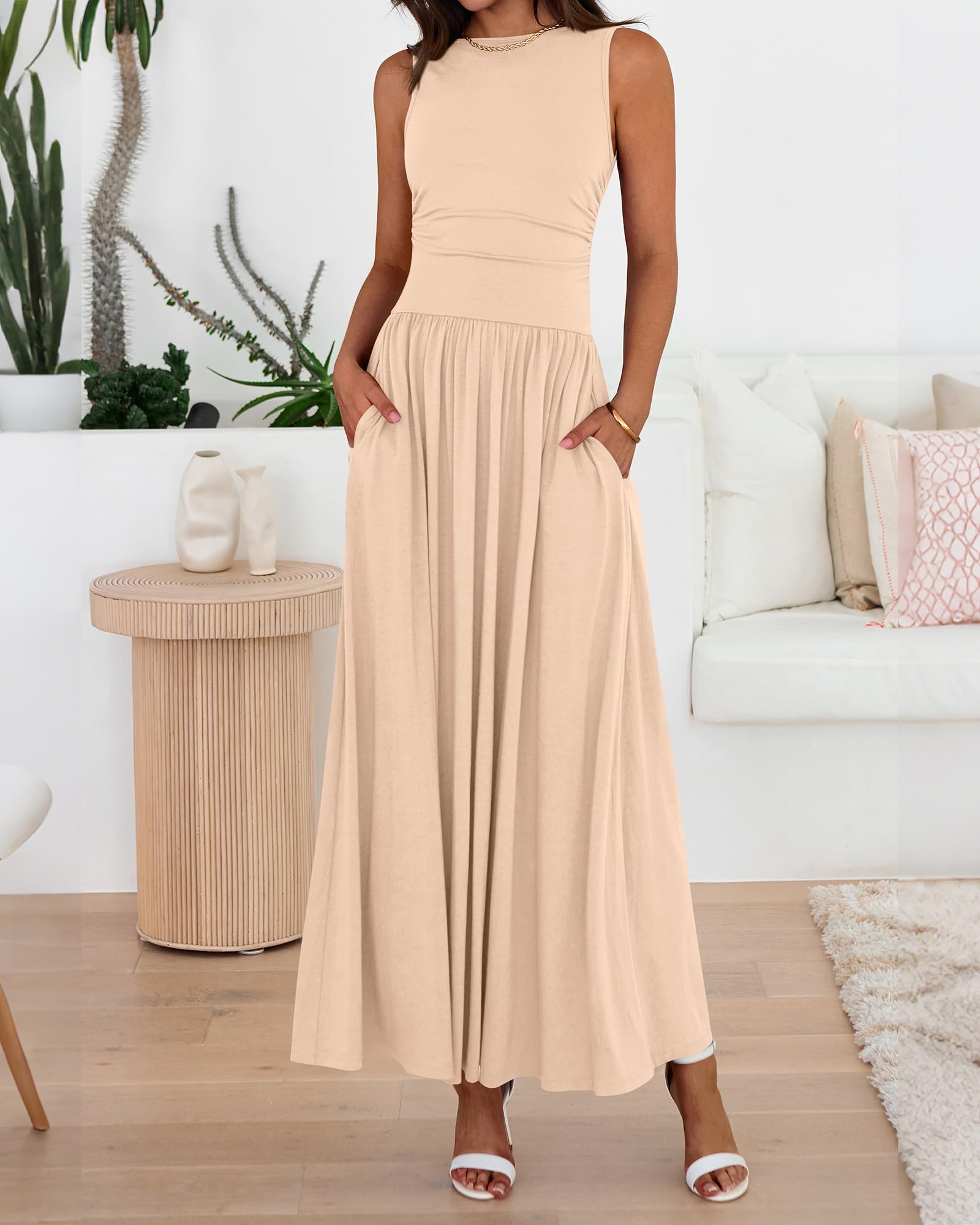 BTFBM Summer Maxi Dresses for Women Spring Sleeveless Casual Ruched High Waisted Long Sundress Flowy Beach Dress