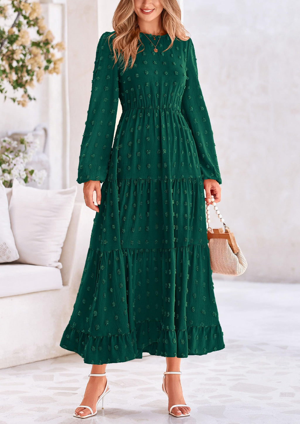 PRETTYGARDEN Women's Fall Spring Elegant Long Sleeve Maxi Dress Swiss Dot A Line Flowy Casual Holiday Party Going Out Dresses