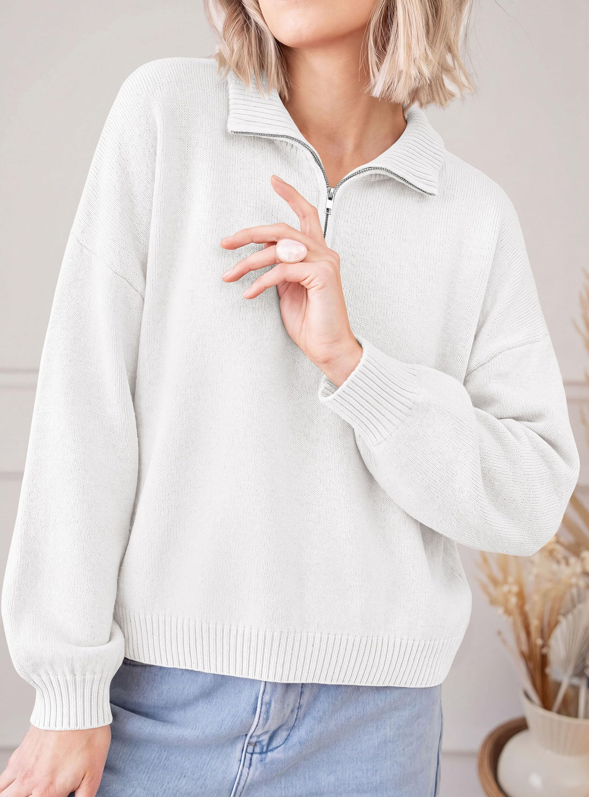 PRETTYGARDEN Women's Quarter Zip Pullover Oversized Sweaters Collared Neck, Long Balloon Sleeve, Jumper Tops, Soft Cozy Knit, Ribbed Hem, Loose Fit, Fall Outfits, Winter Fashion Clothing