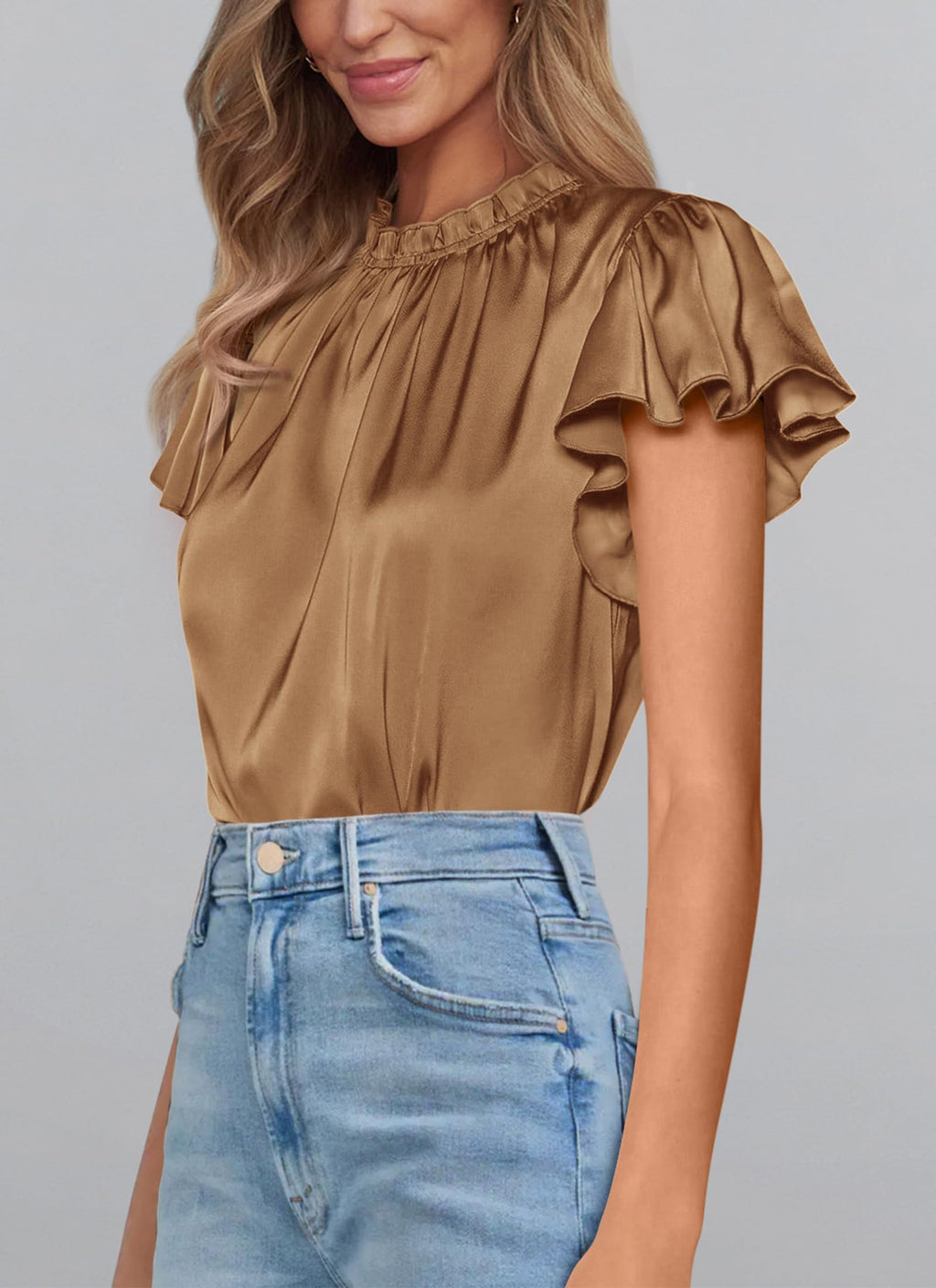 PRETTYGARDEN Business Casual Tops for Women Blouses Dressy  Summer Short Sleeve Ruffle Satin Work Office Attire