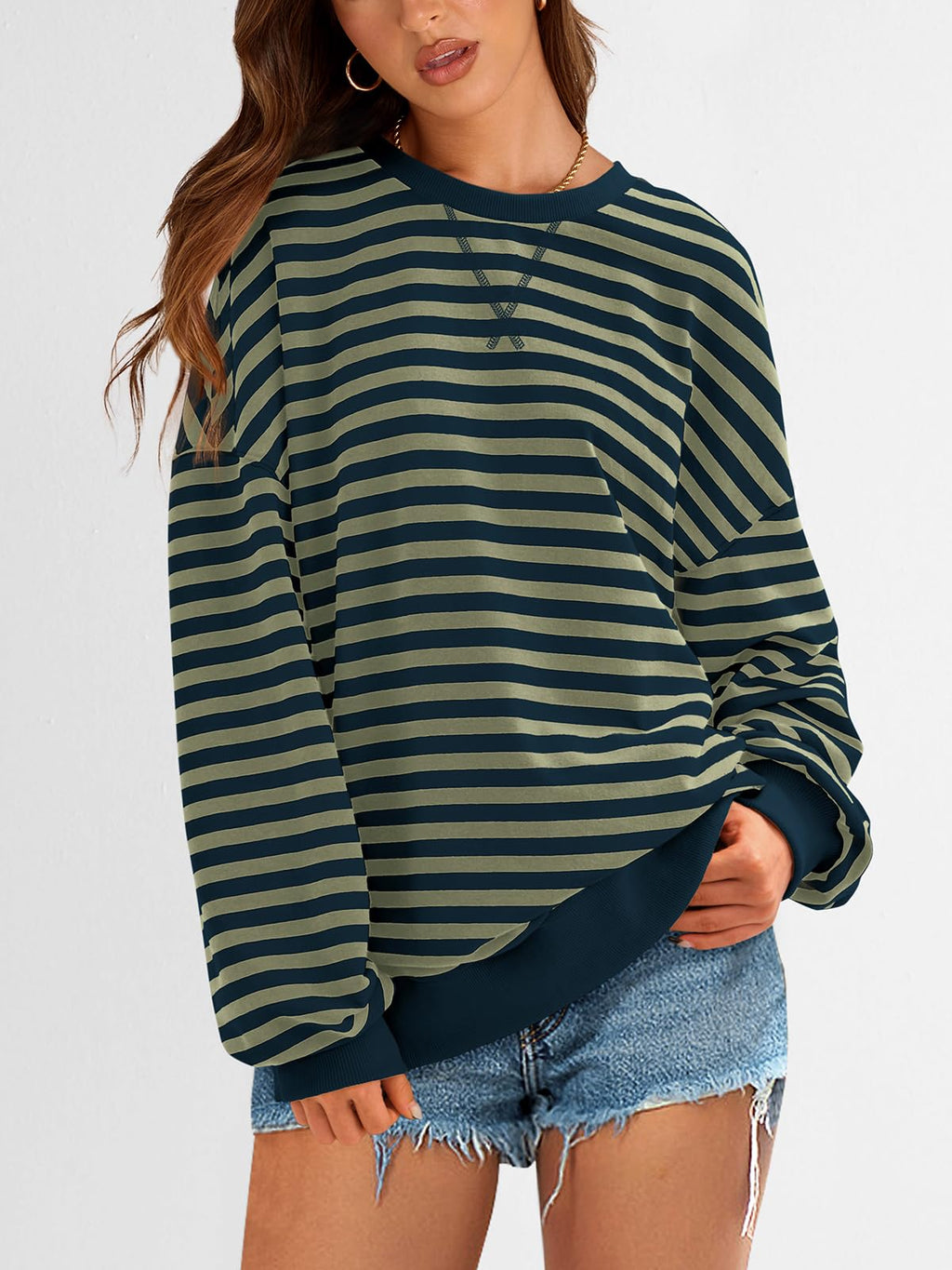 PRETTYGARDEN Womens Striped Oversized Sweatshirt Color Block Crew Neck Long Sleeve Casual Loose Pullover Top Y2K Clothes