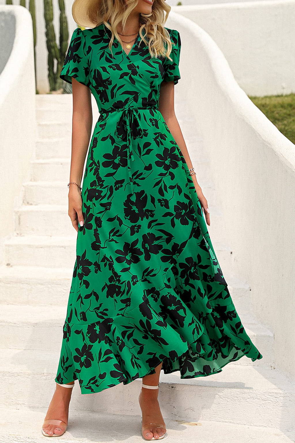 PRETTYGARDEN Women's Summer Maxi Dress Casual Wrap Floral Boho Short Sleeve V Neck Split Ruffle Beach Long Dresses