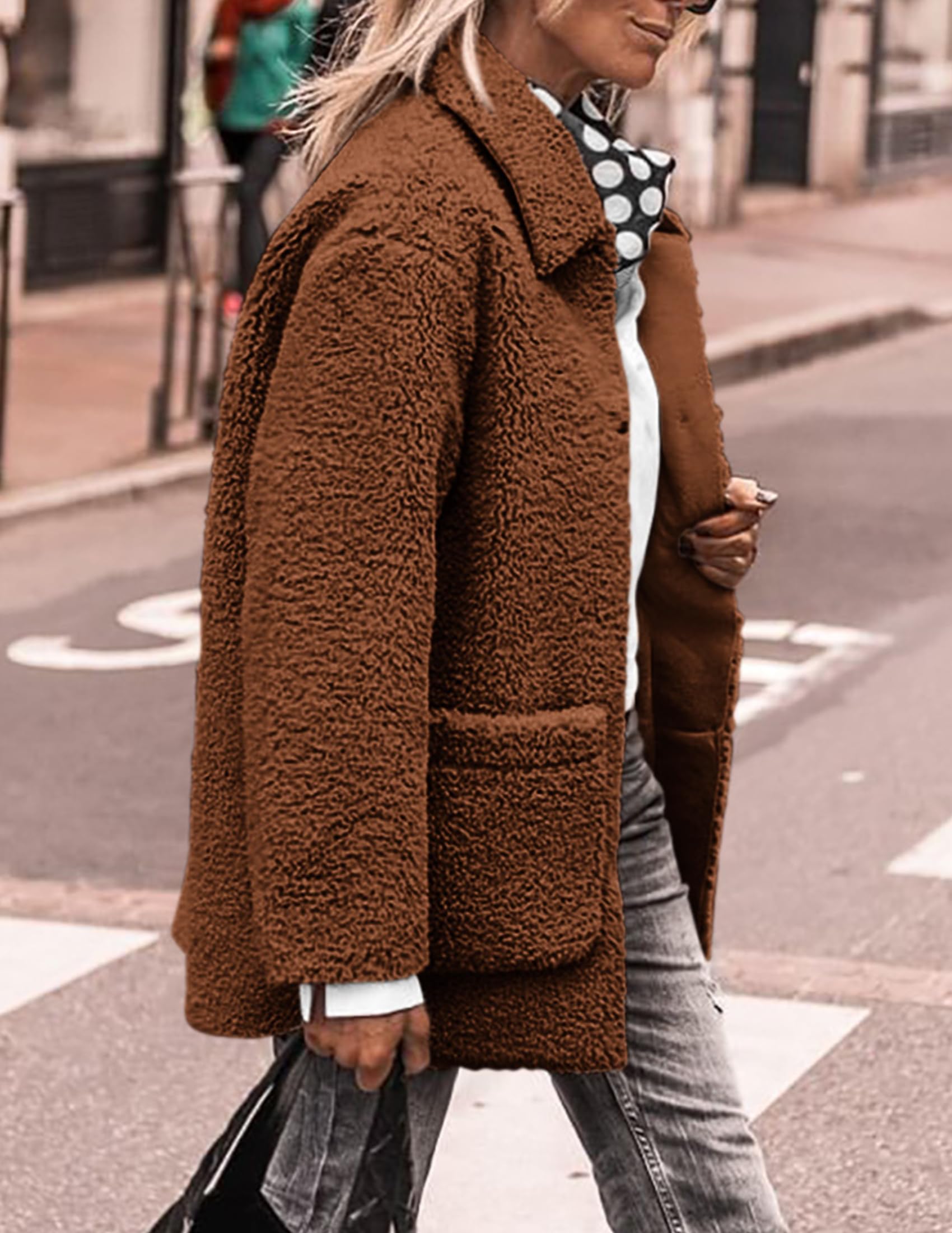 PRETTYGARDEN Women's Winter Faux Fur Coats Long Sleeve Lapel Button Down Pockets Fleece Sherpa Jacket Casual Trendy Outerwear