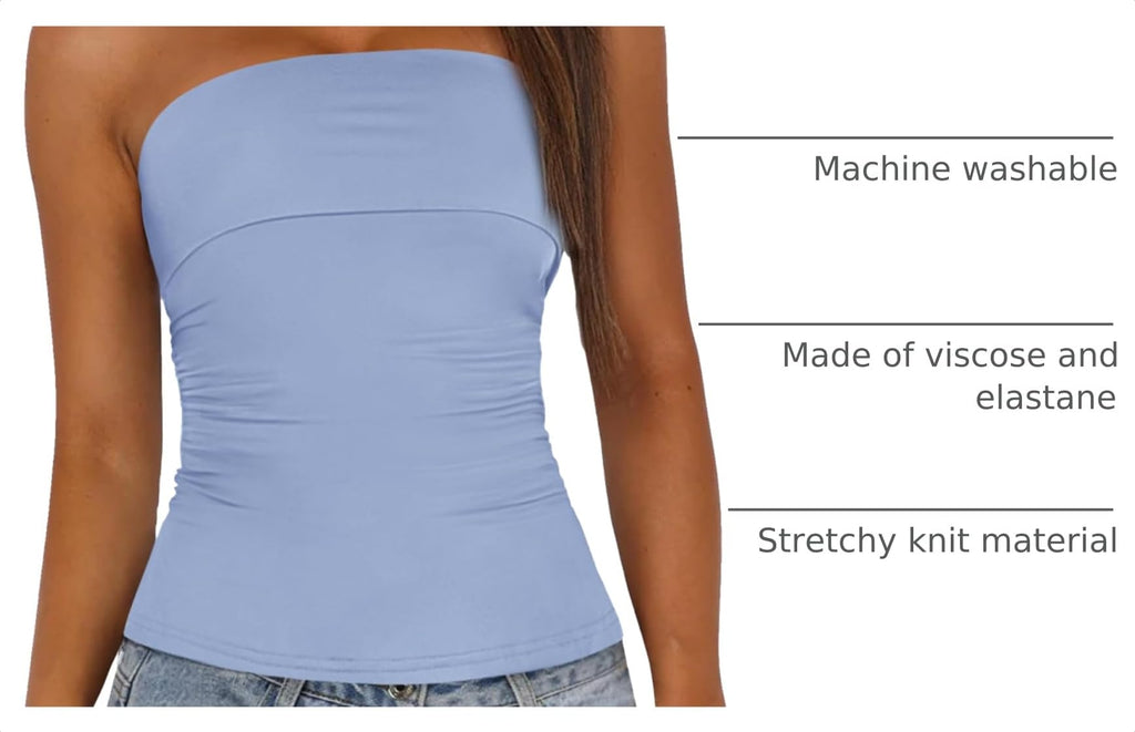 Womens Strapless Tube Tops Spring Summer Clothes Trendy Casual Ruched Stretchy Going Out Bodycon Bandeau Top