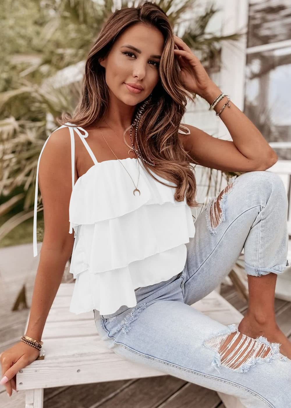 FreshPretty Spaghetti Strap Ruffle Babydoll Peplum Tank Tops for Women Summer Cute Flowy Beach Vacation Cruise Outfits