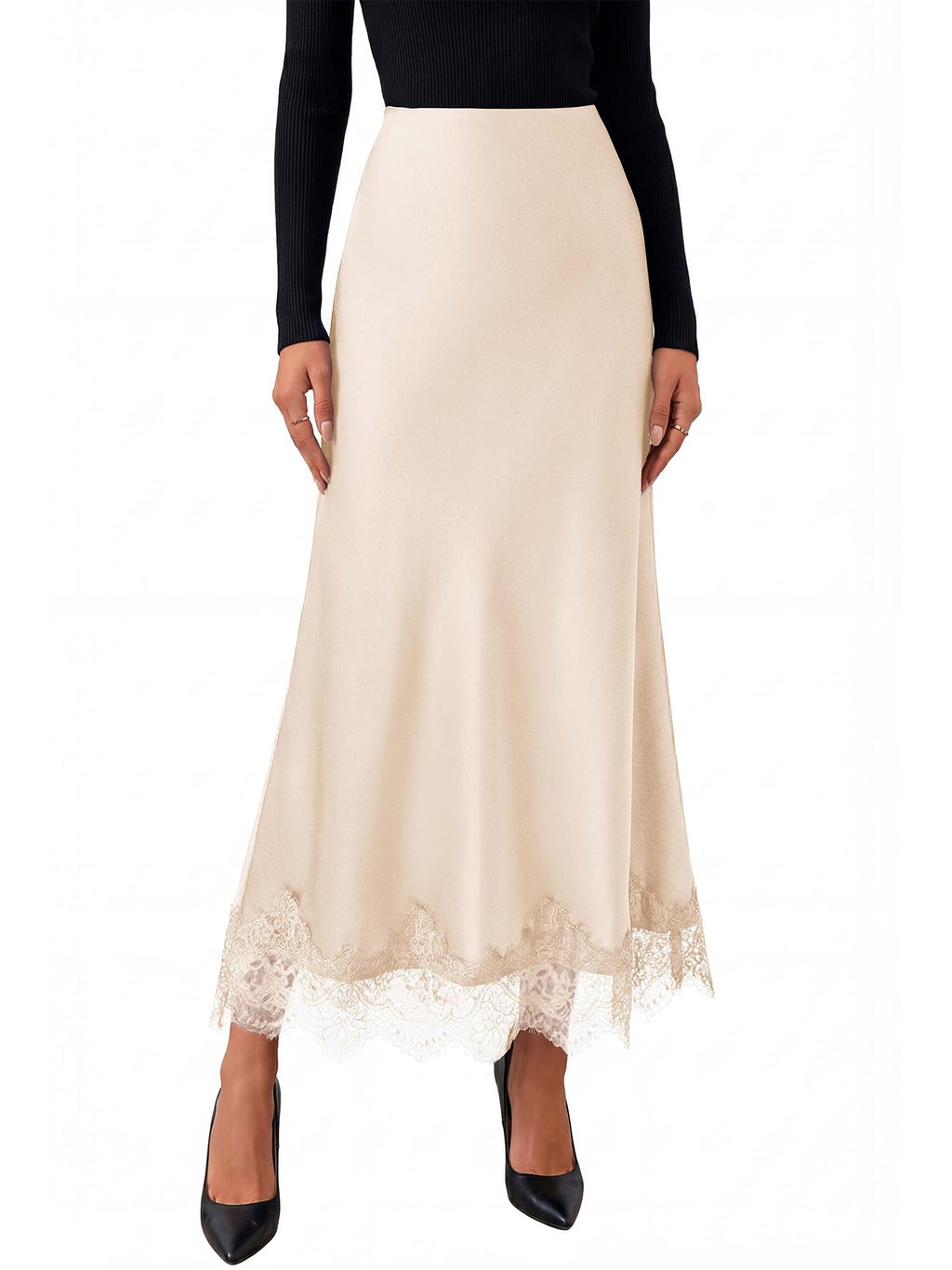 BTFBM Lace Trim Satin Skirts for Women Elegant | Lightweight, High Waist, A-Line, Flowy Maxi Skirt, Wedding, Cocktail, Graduation, Holiday Outfits, Fall Fashion Clothing