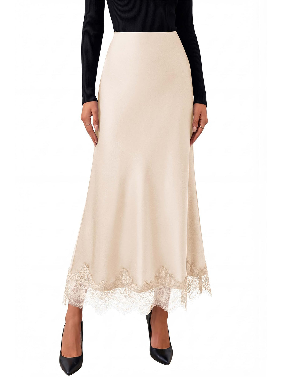 BTFBM Lace Trim Satin Skirts for Women Elegant | Lightweight, High Waist, A-Line, Flowy Maxi Skirt, Wedding, Cocktail, Graduation, Holiday Outfits, Fall Fashion Clothing