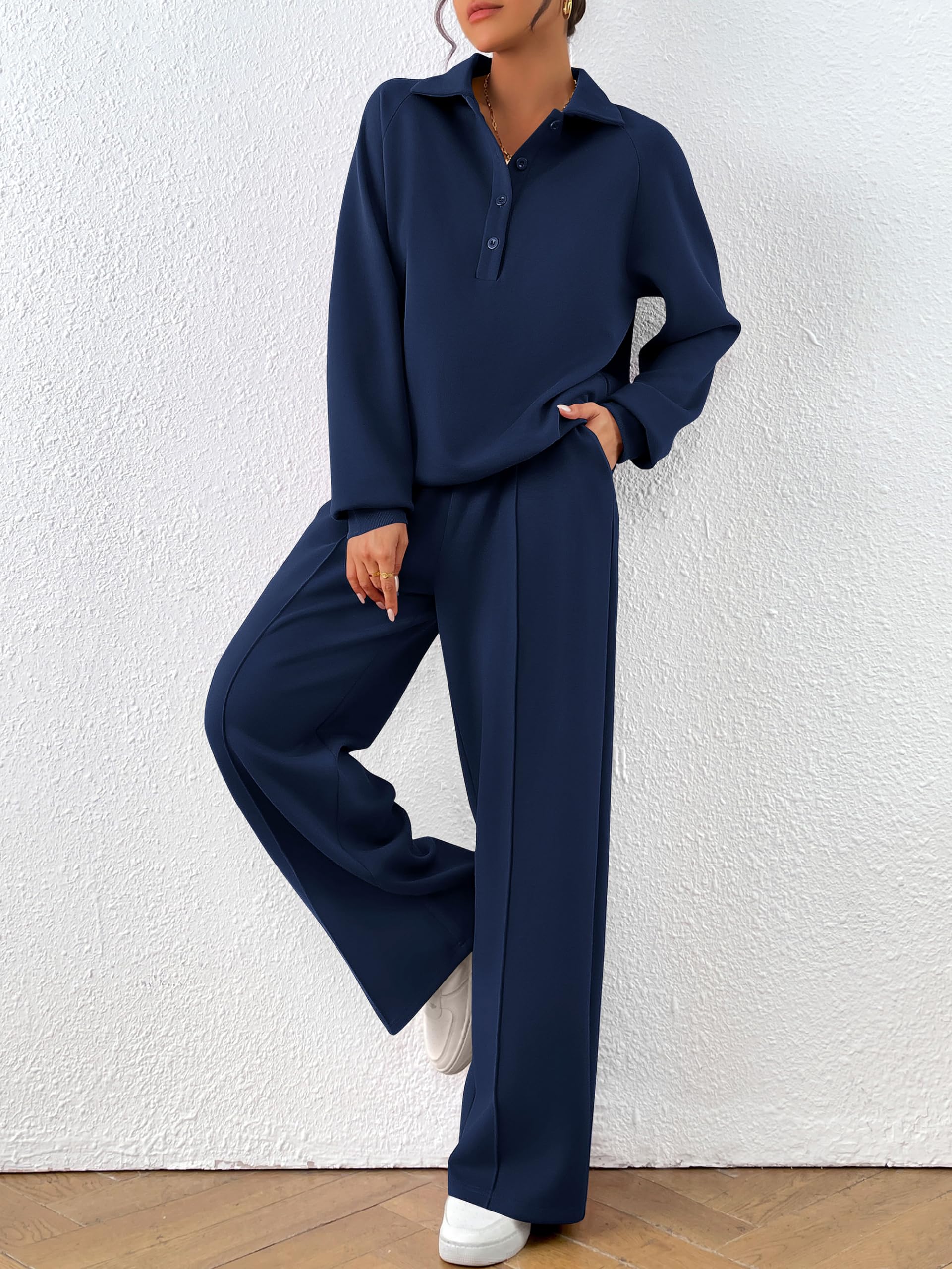 PRETTYGARDEN Women Fall 2 Piece Outfits Sweatsuits Lounge Sets Quarter Button Long Sleeve Sweatshirt, Wide Leg Sweat Pants, Casual 2 Piece Sets Tracksuit, Airport Travel Outfits for Women