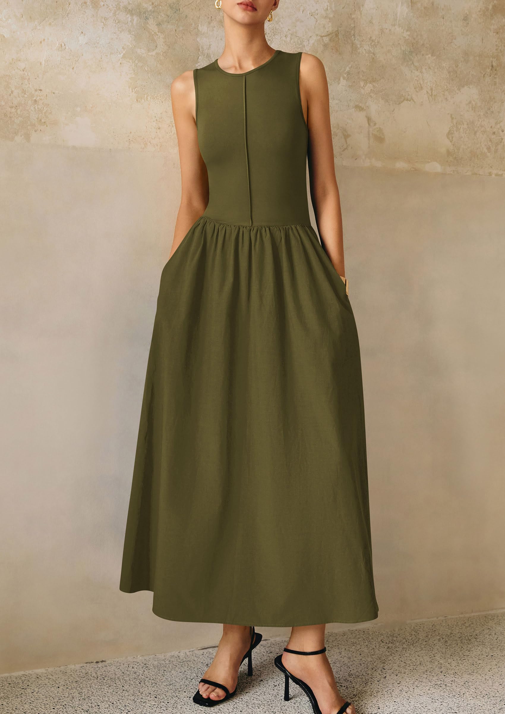 PRETTYGARDEN Maxi Dresses for Women Summer Casual Sleeveless Patchwork Flowy Vacation Sundress Knit Long Work Tank Dress
