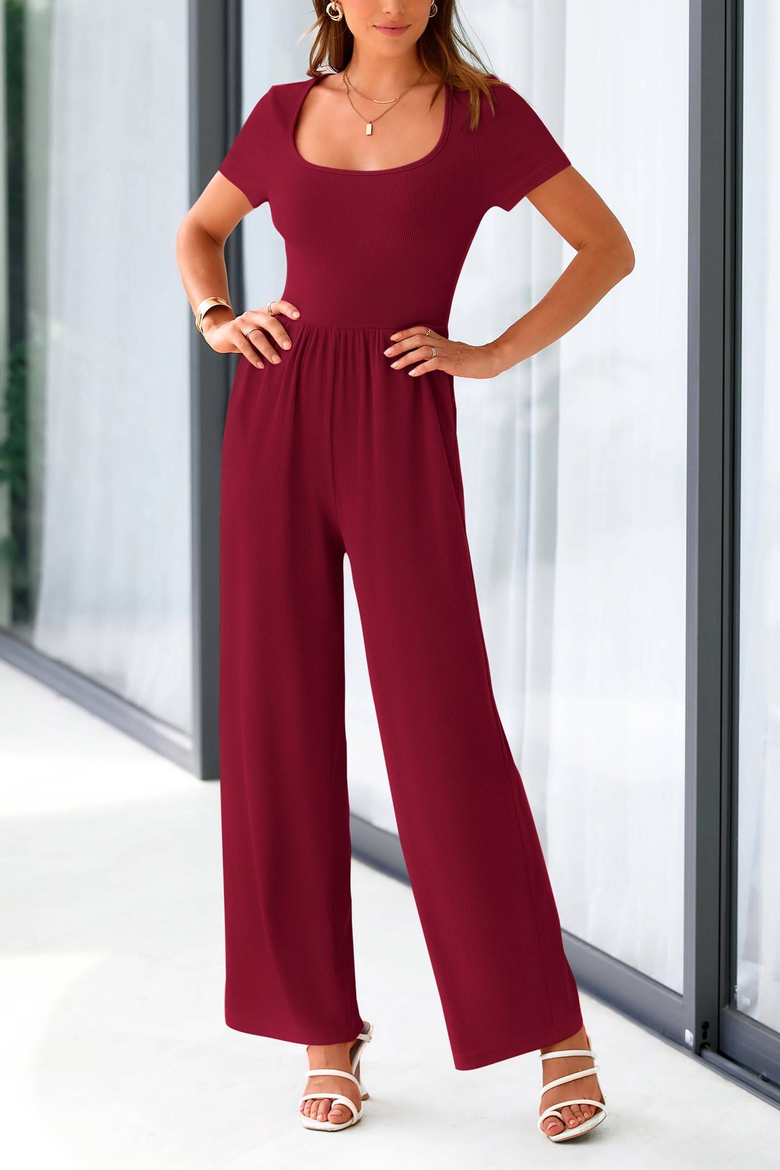 PRETTYGARDEN Women's Summer One Piece Jumpsuits Dressy Casual Short Sleeve Square Neck Wide Leg Rompers Travel Outfit Clothes