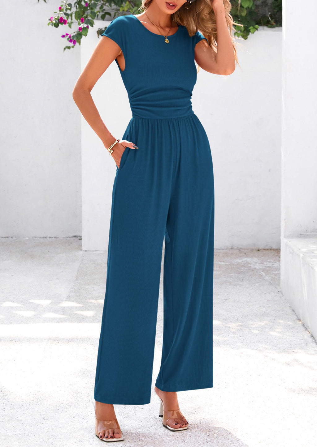 PRETTYGARDEN Summer Jumpsuits for Women Dressy Ribbed Cap Sleeve Wide Leg Pants Rompers Elegant Casual One Piece Outfits