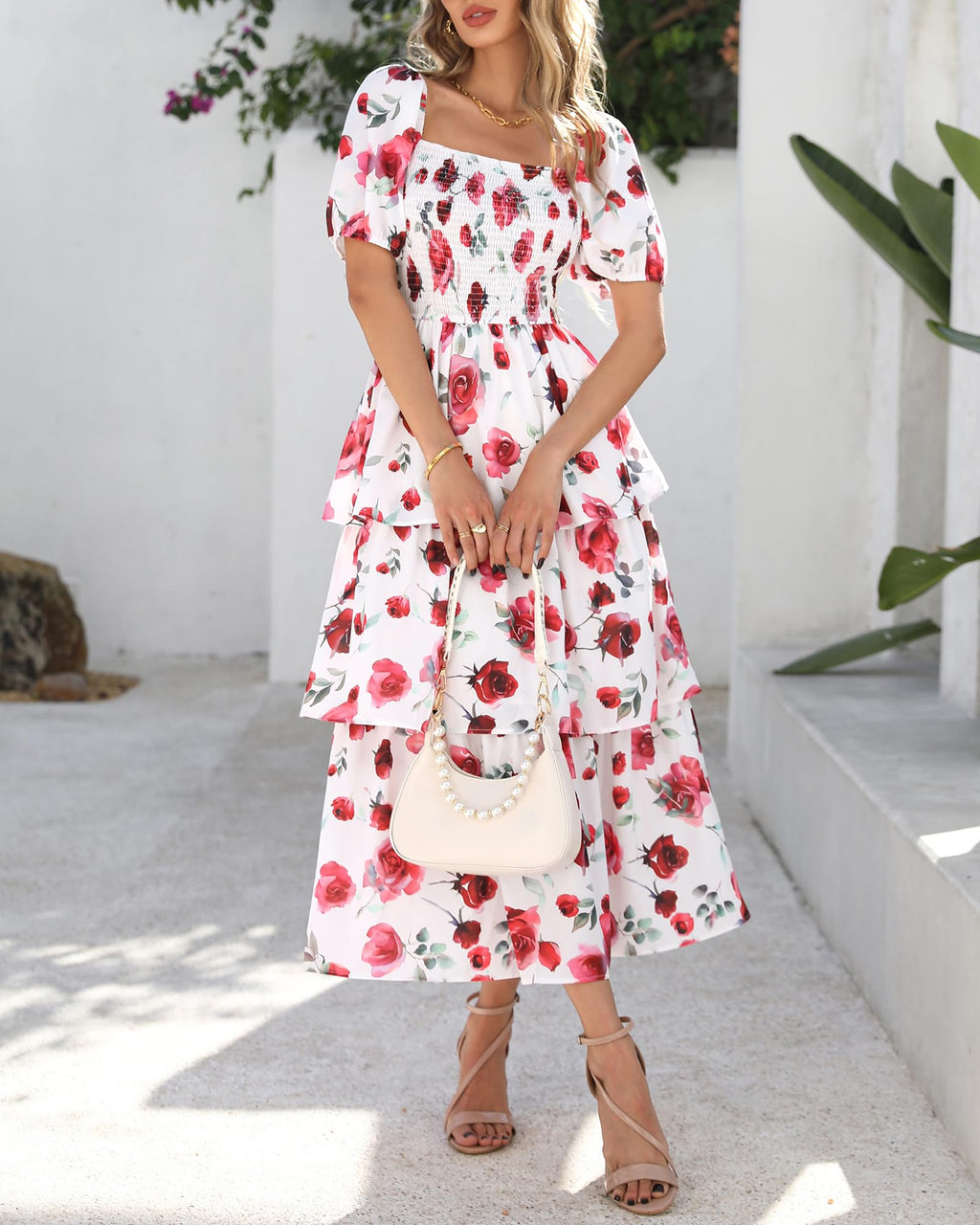 BTFBM Womens Square Neck Smocked Dress Summer Puff Short Sleeve Floral Casual Ruffle Tiered Maxi Wedding Guest Dresses