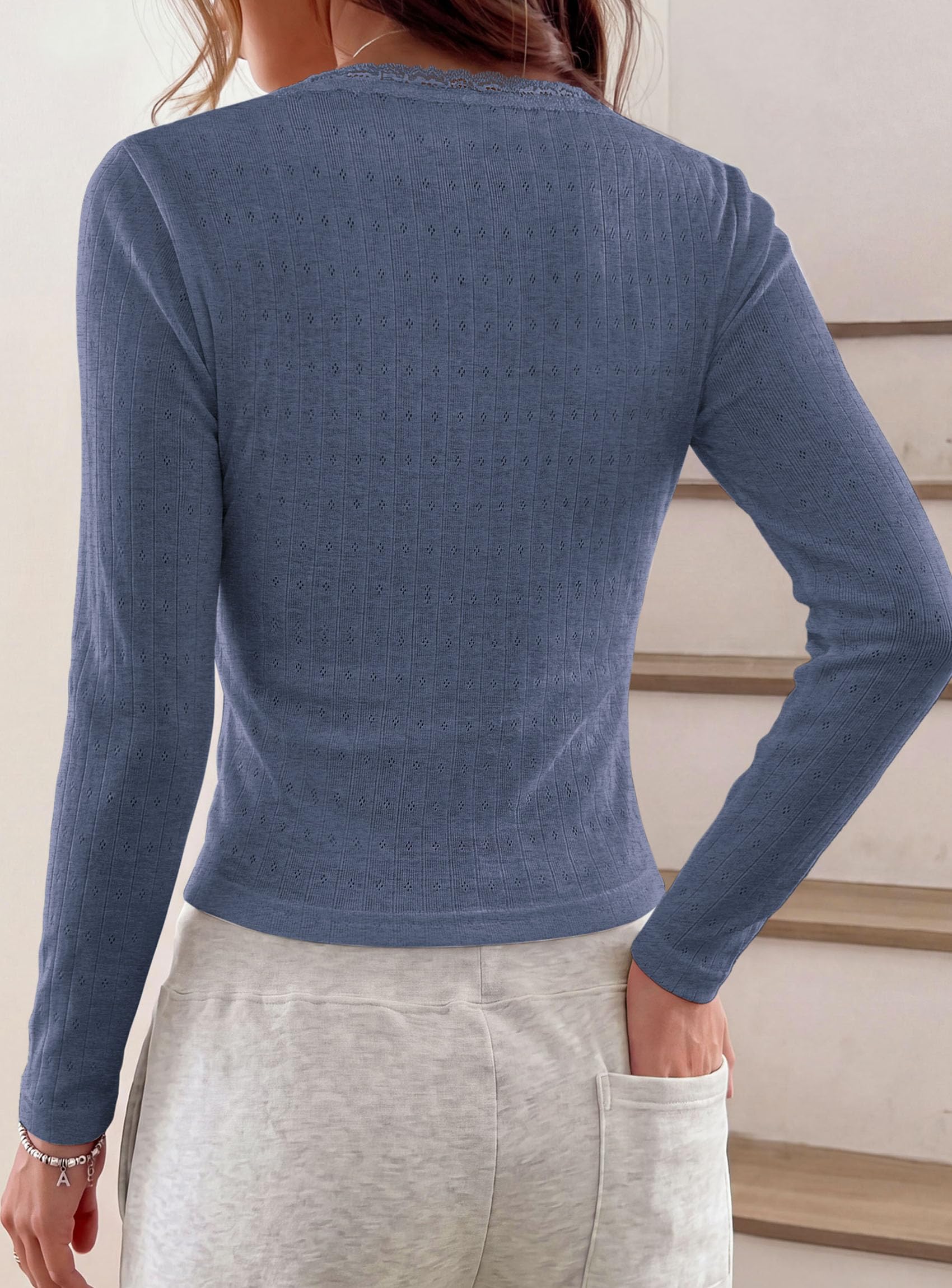 PRETTYGARDEN Womens Long Sleeve Henley Shirts Going Out Tops Lace Trim Square Neck, Slim Fitted Basic Tees, Soft Comfy Jacquard Fabric, Casual Wear, Fall Outfits, Y2K Fashion Clothing