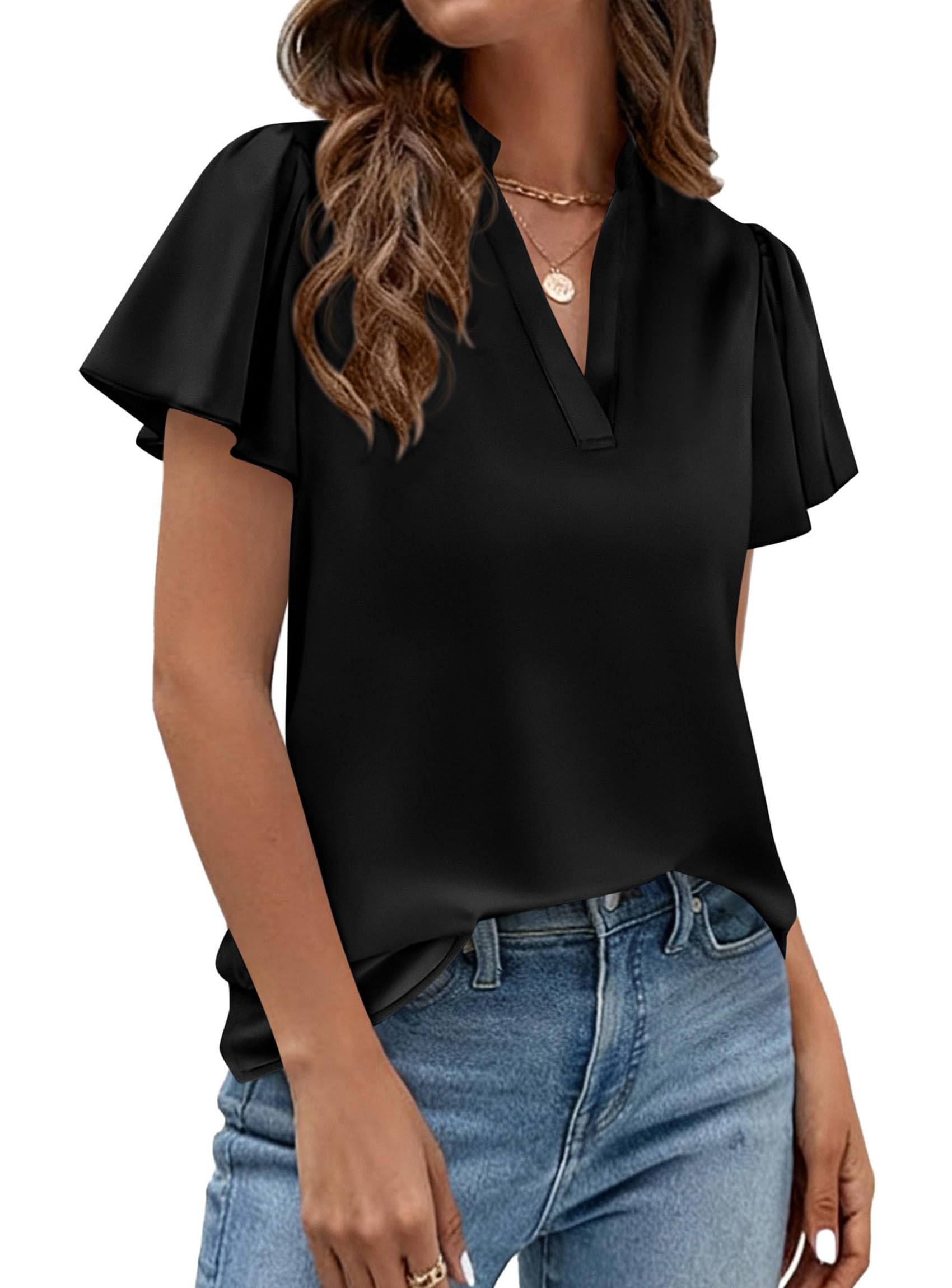PRETTYGARDEN Women's Summer Satin Blouses Dressy Casual Ruffle Cap Sleeve V Neck Business Work Cute Tops Spring Outfits